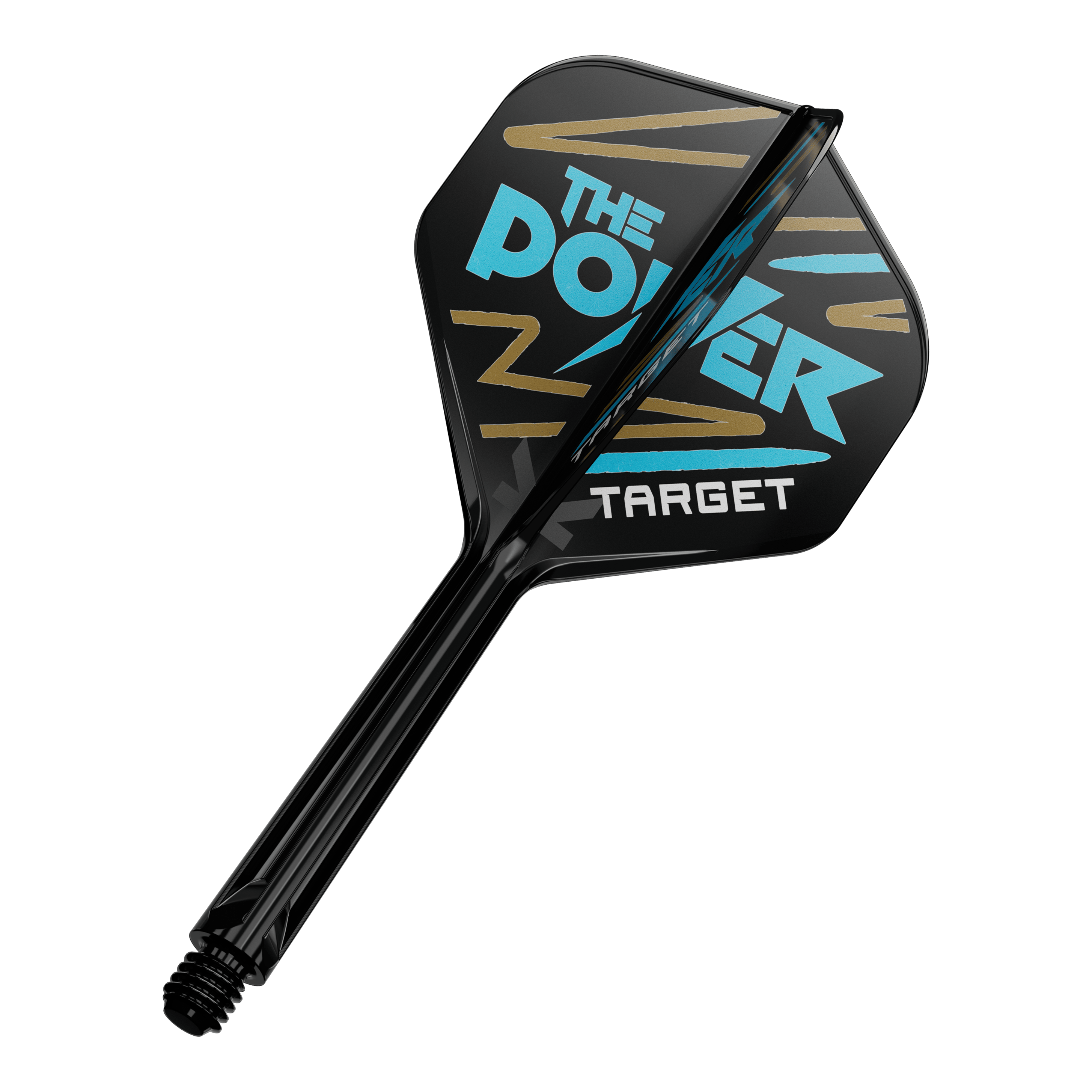 Auf dem Bild ist ein Dartpfeil mit schwarzer Flight zu sehen. Auf der Flight steht in blauer und weißer Schrift "The Power" und "Target" mit goldenen Zierstreifen.