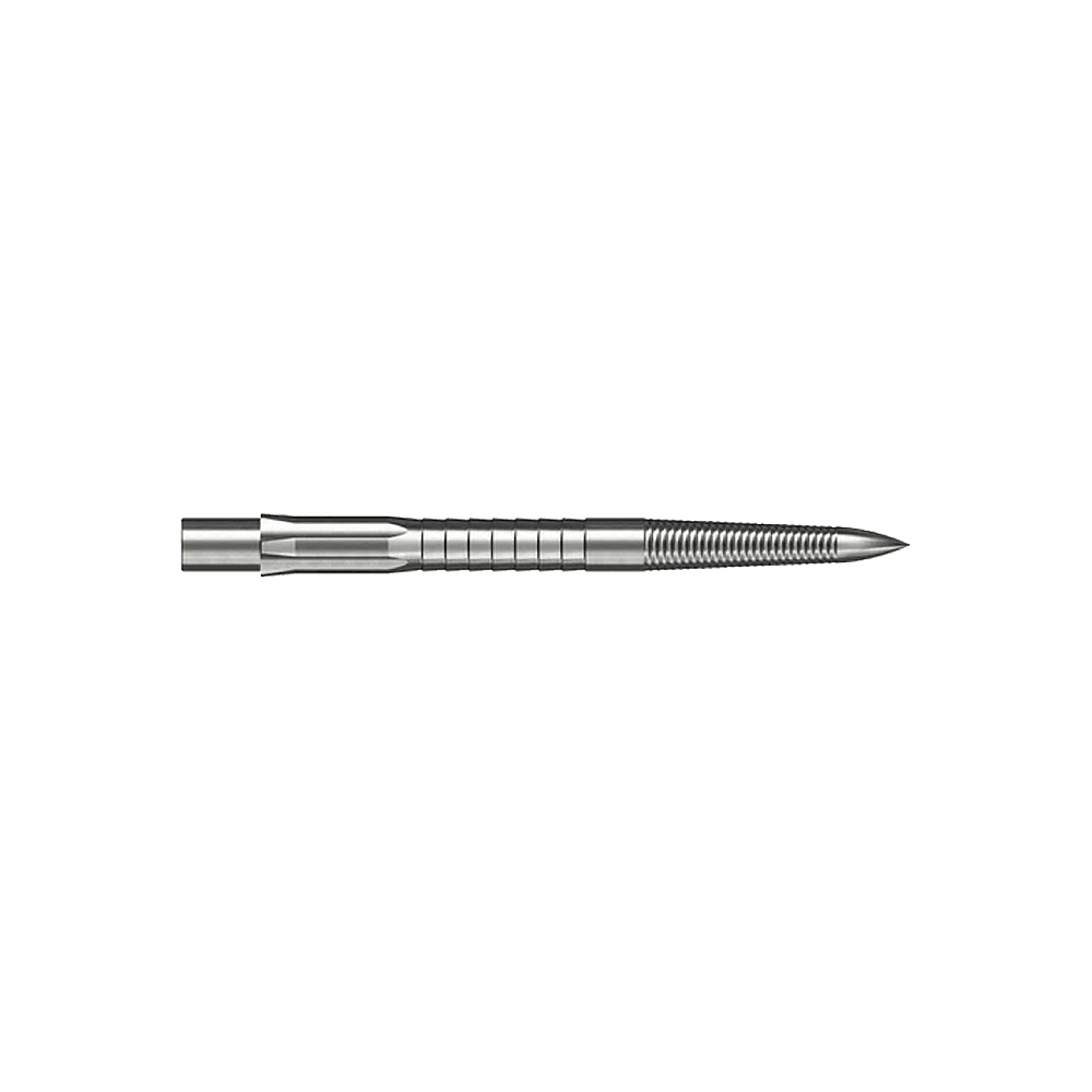 Caliburn System Steel Dart Tips - Micro Grip - Zilver Das Bild zeigt eine silberne Steeldartspitze mit feinem Mikrorillen-Grip. Die Spitze ist gerade und hat eine Länge von 28 mm.