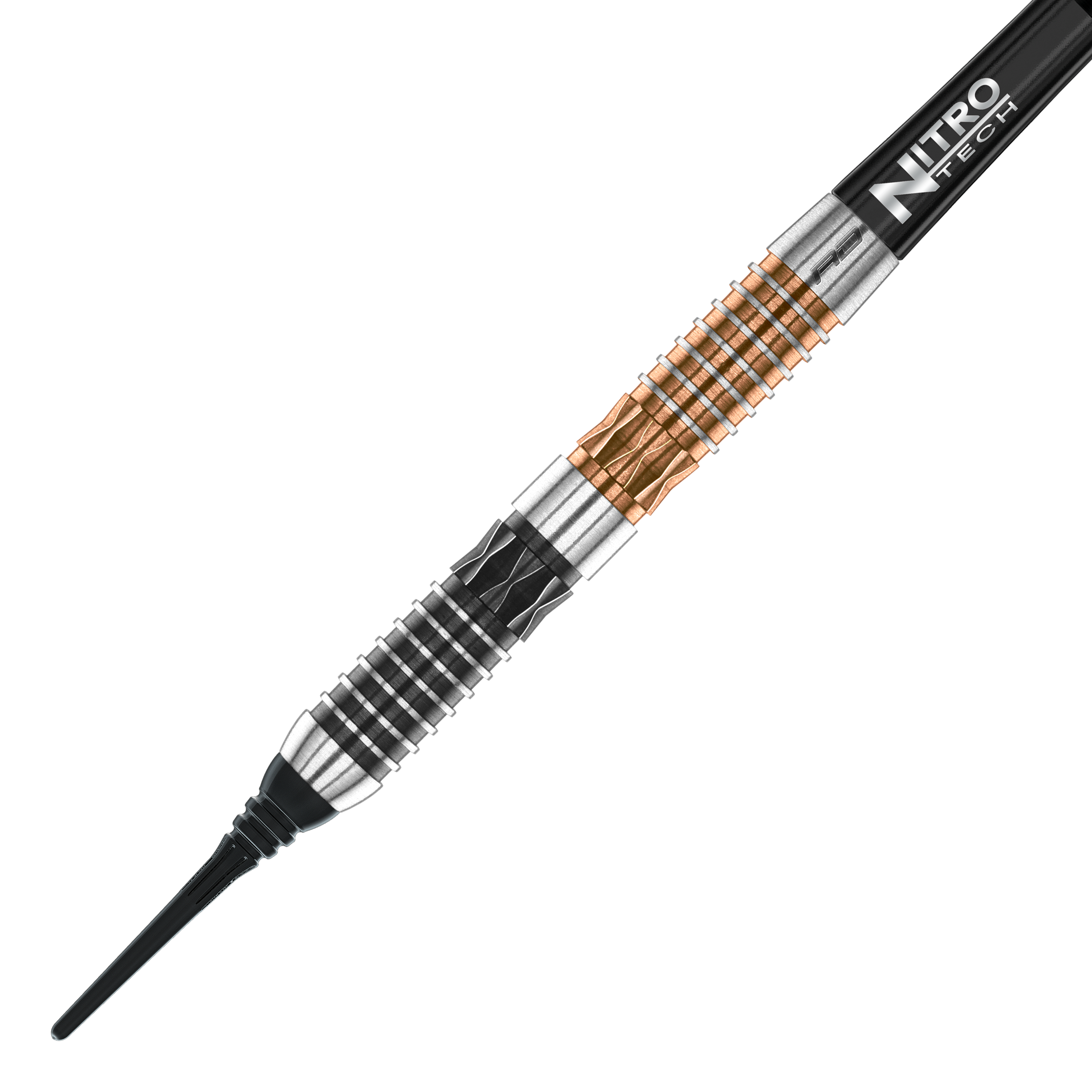 Red Dragon Panterra zachte dartpijlen - 20g Das Bild zeigt einen Red Dragon Panterra Softdart mit einem Gewicht von 20g. Der Dartpfeil hat ein auffälliges Design mit schwarzen, silbernen und bronzefarbenen Elementen.