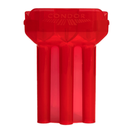Condor DUAL Dartcase Das Bild zeigt ein rotes, durchsichtiges Dart-Etui der Marke Condor. Das Etui hat drei längliche Fächer für Dartpfeile.
