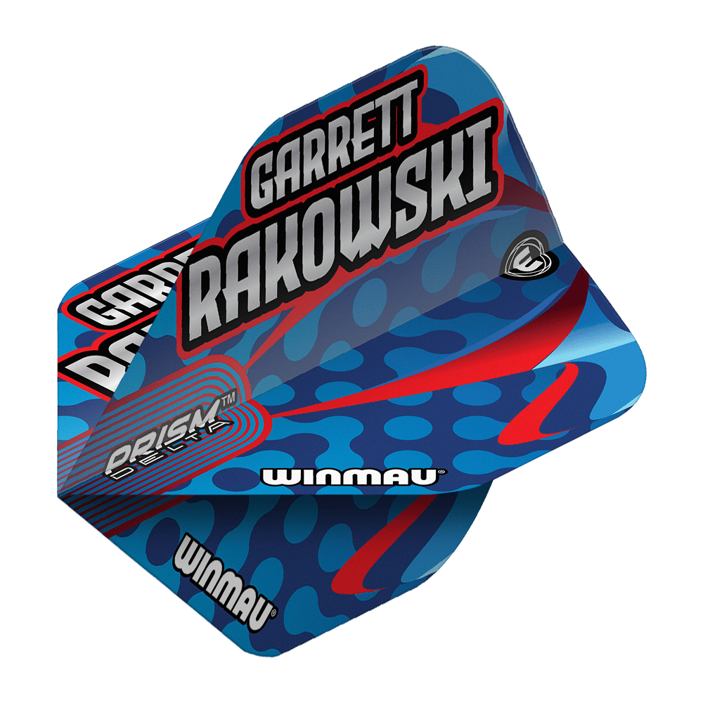 Winmau Prism Delta Garrett Rakowski Standaardvluchten Auf dem Bild ist ein Winmau Prism Delta Garrett Rakowski Standard Flight zu sehen. Das Design ist blau mit roten und hellblauen Akzenten und trägt den Namen "Garrett Rakowski".