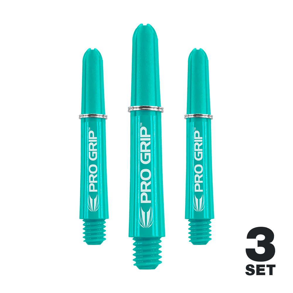 Target Pro Grip Shafts - 3 sets - Aqua Auf dem Bild sind drei aqua-blaue Pro Grip Shafts für Darts zu sehen. In der rechten unteren Ecke steht "3 SET".