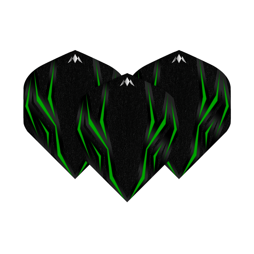 Mission Lava Green No2 Standaardvluchten Das Bild zeigt die Mission Lava Green No2 Standard Flights. Die Flights sind schwarz mit grünen, leuchtenden Linien und einem kleinen weißen Logo oben.
