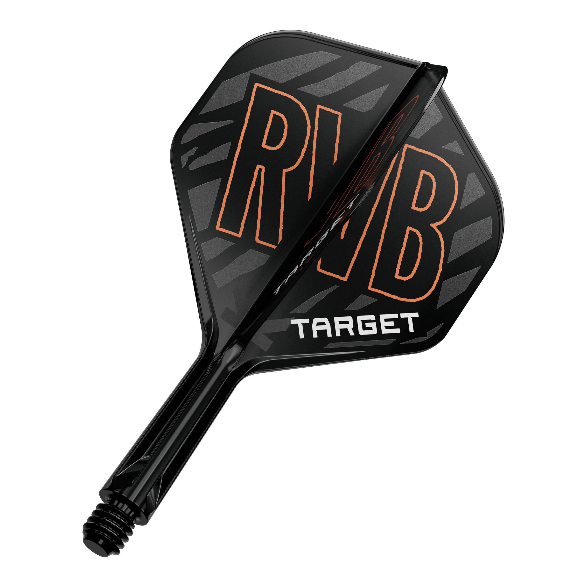 Das Bild zeigt einen schwarzen Dartflight mit der Aufschrift "RVB" in orange. Darunter steht das Wort "TARGET" in weißen Buchstaben.
