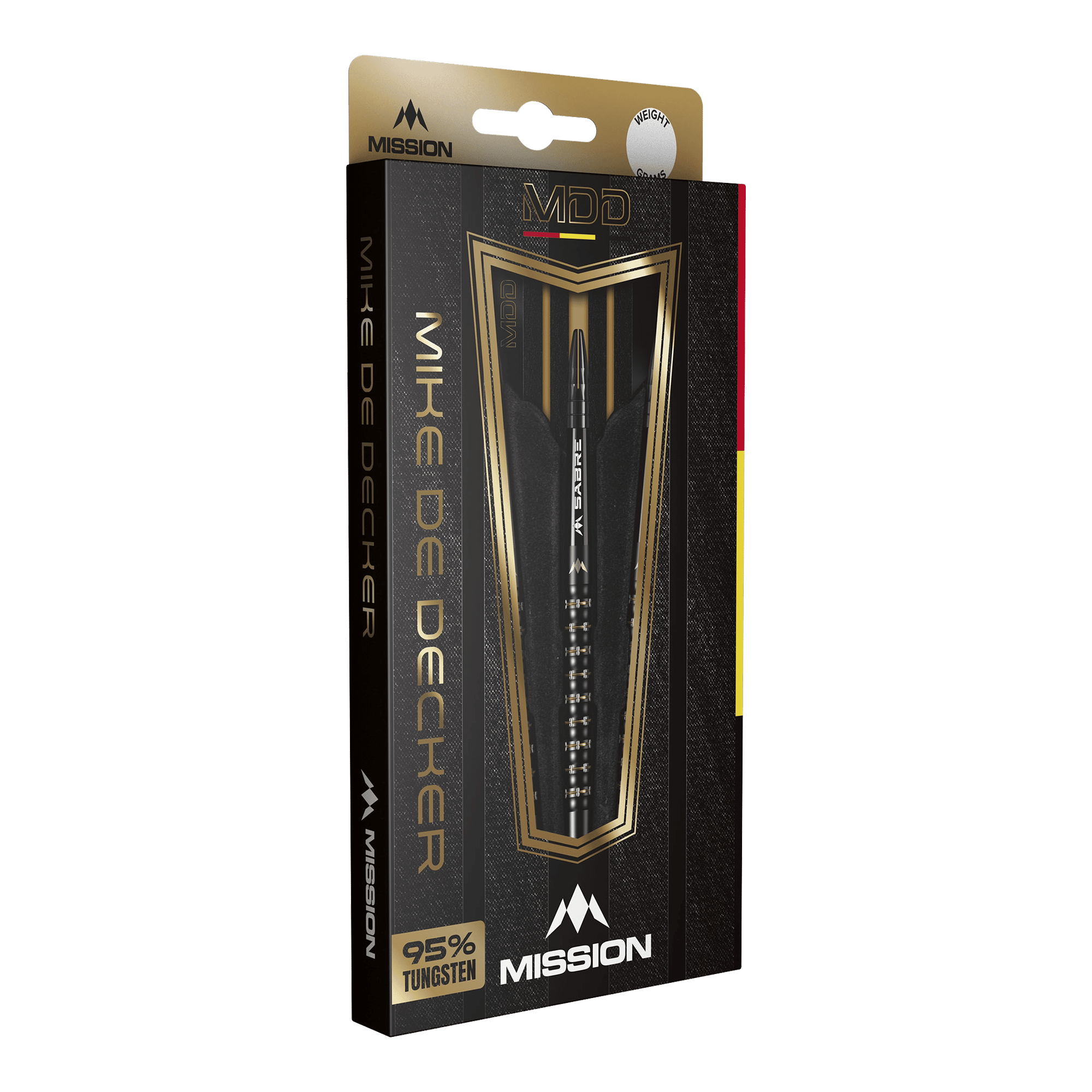 Mission Mike De Decker MDD Black Gold Soft Darts - 20g Die Abbildung zeigt die Verpackung der "Mission Mike De Decker MDD Black Gold Softdarts - 20g". Die elegante Box hebt das Design der Darts sowie den hohen Tungsten-Anteil von 95 % hervor.