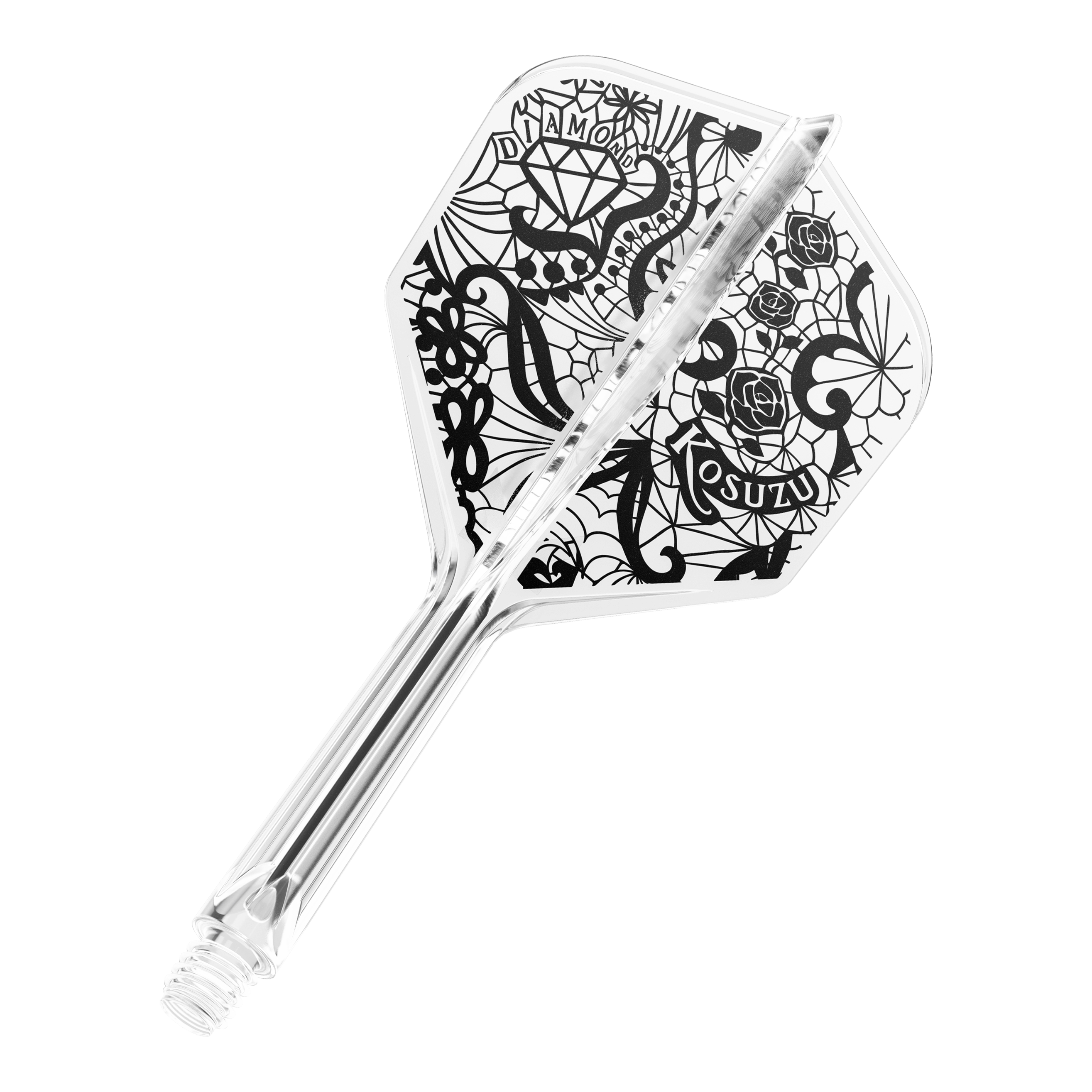 Target Japan K-Flex Diamond No6 Flight Shaft-systeem Dies ist ein transparenter Dartpfeil mit schwarzem, detailreichem Design auf der Flight-Fläche. Auf dem Flight sind unter anderem ein Diamant, Rosen und Schriftzüge zu sehen.