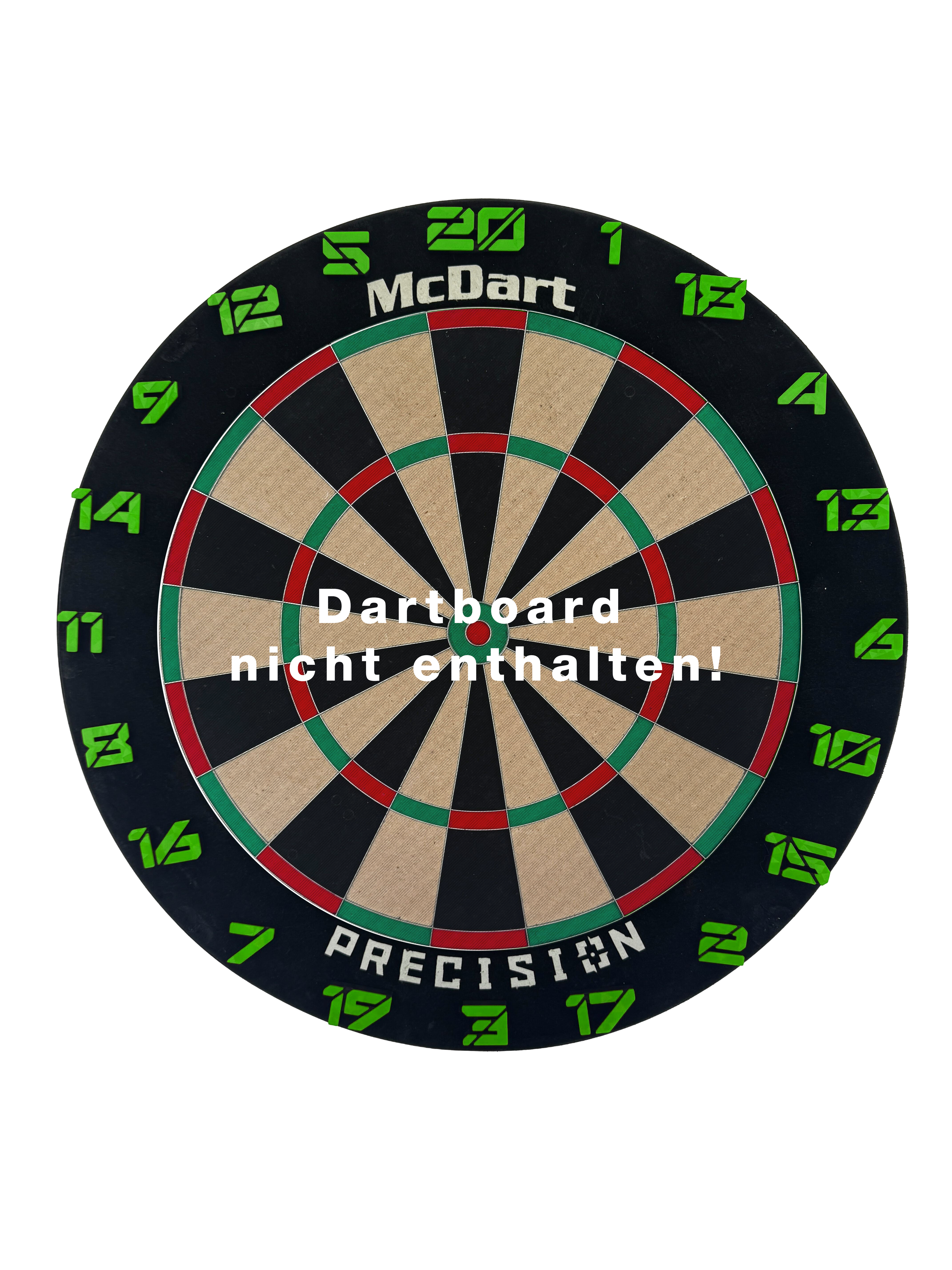 McDart Dartbord Nummerringen / Nummerring Cyber Das Bild zeigt ein Objekt mit dem Dateinamen 'Cyber Grn Board'. Das Objekt befindet sich auf einem Brett und erscheint in grüner Farbe.
