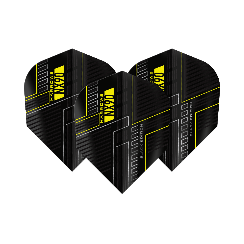 Harrows NX90 Black Edition No6 Vluchten Das Bild zeigt drei schwarze Dart-Flights mit dem Namen "Harrows NX90 Black-Edition No6". Die Flights haben ein modernes Design mit gelben Linien und Schriftzügen.