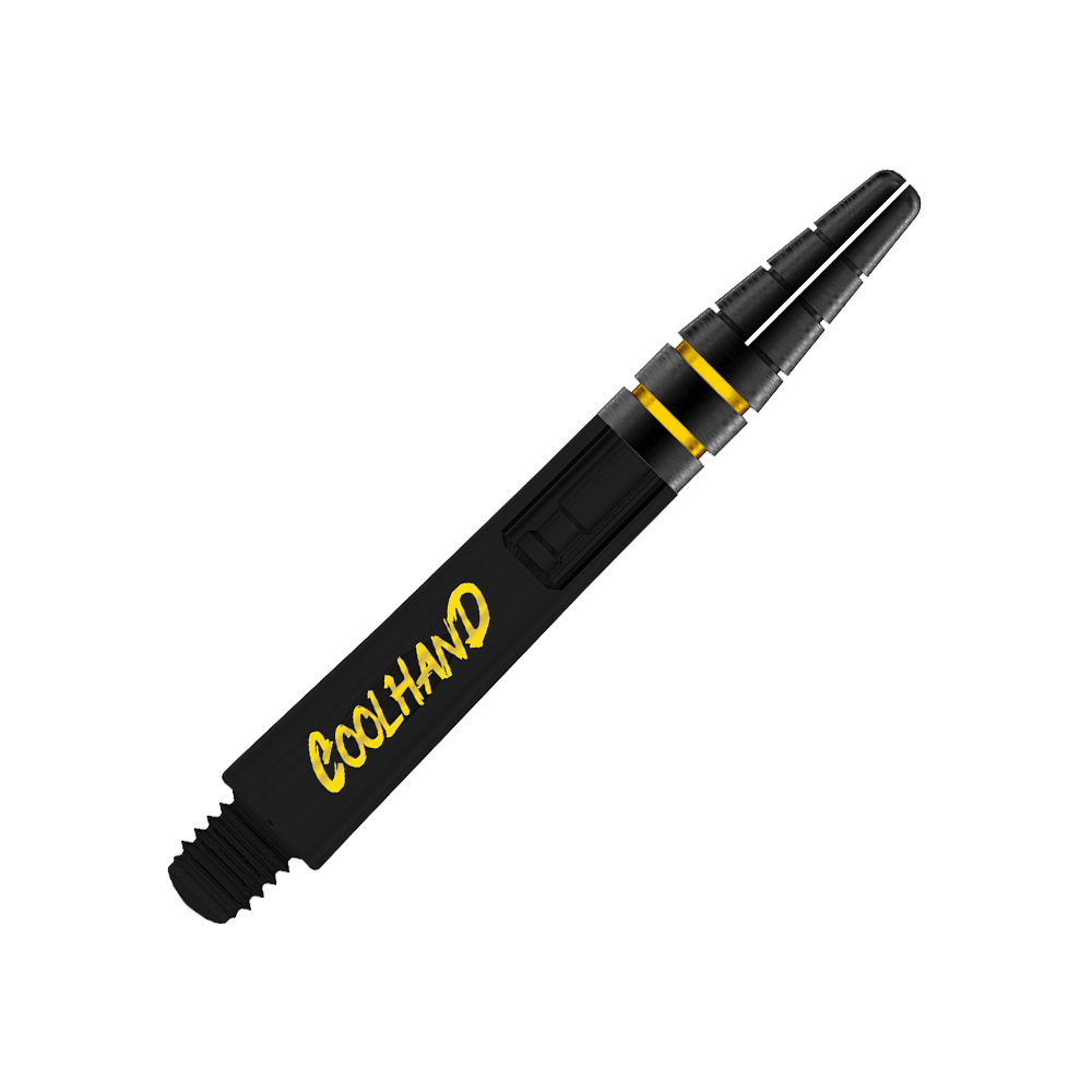 Red Dragon Nitrotech Luke Humphries Coolhand Shafts - Zwart Das Bild zeigt einen schwarzen Dart-Schaft mit gelben Akzenten. Auf dem Schaft steht das Wort "COOLHAND" in gelber Schrift.