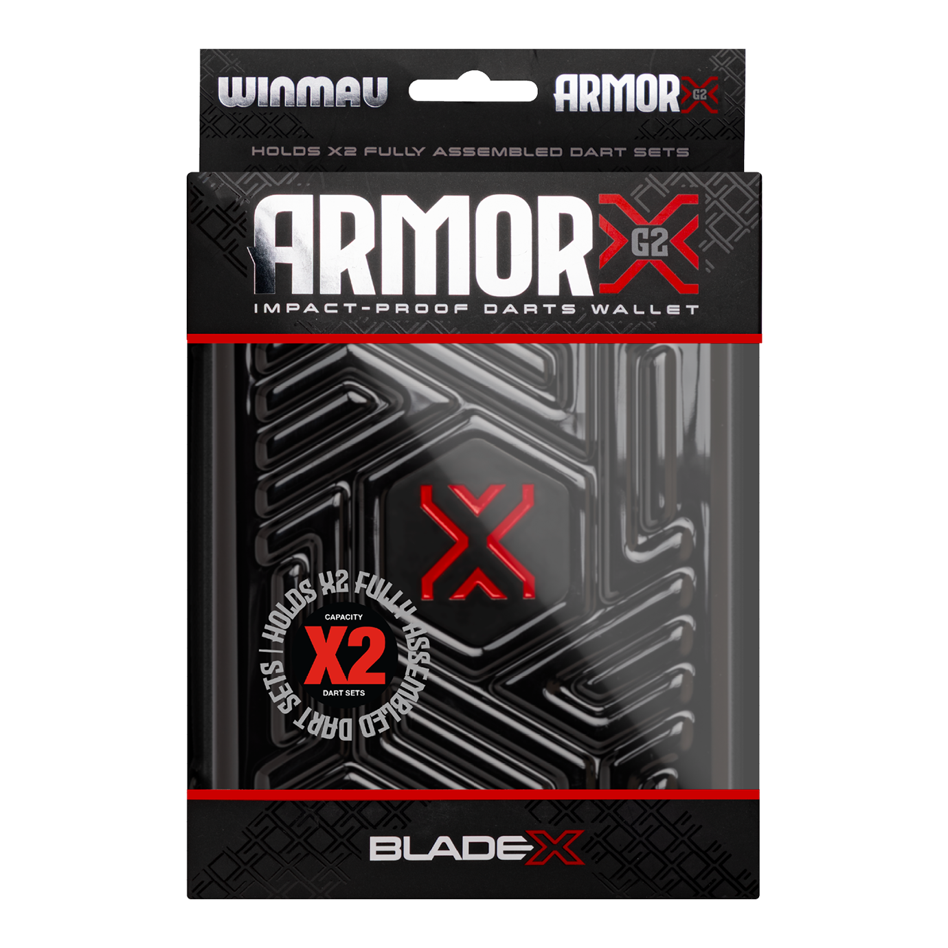 Gezeigt wird das Winmau Blade X Armor G2 Dartwallet. Die Tasche schützt Darts und Zubehör beim Transport und der Aufbewahrung.