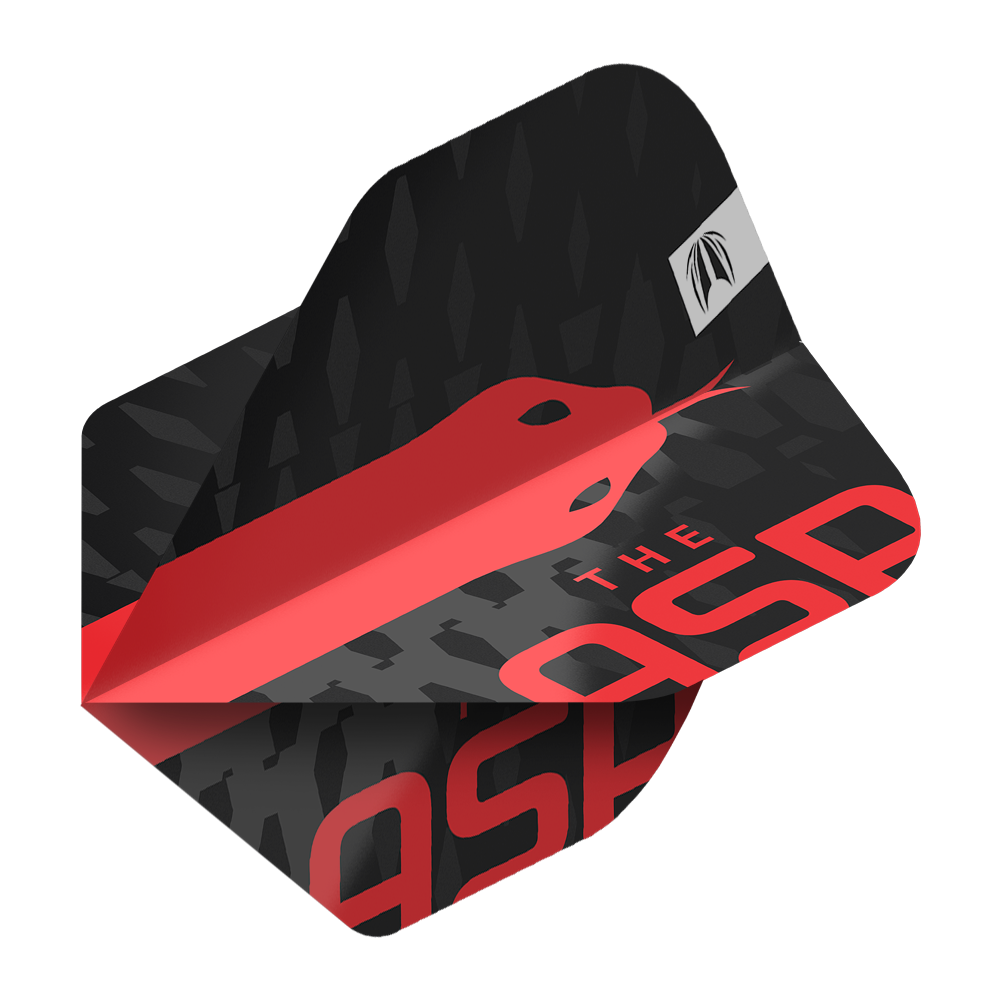 Target Pro Ultra Nathan Aspinall No2 standaardvluchten - 3 sets Das Bild zeigt ein Dart-Flight mit einem schwarzen und roten Design sowie der Aufschrift „THE ASP“. Auf dem Flight ist eine stilisierte rote Schlange abgebildet.