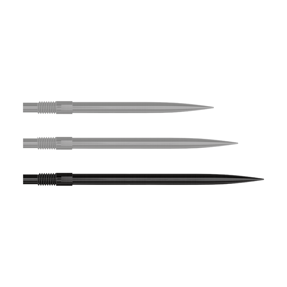 Harrows Quick Point dartpunten - Zwart Auf diesem Bild sind 40 mm lange, schwarze Dartspitzen dargestellt. Die Spitzen werden nebeneinander angeordnet gezeigt.