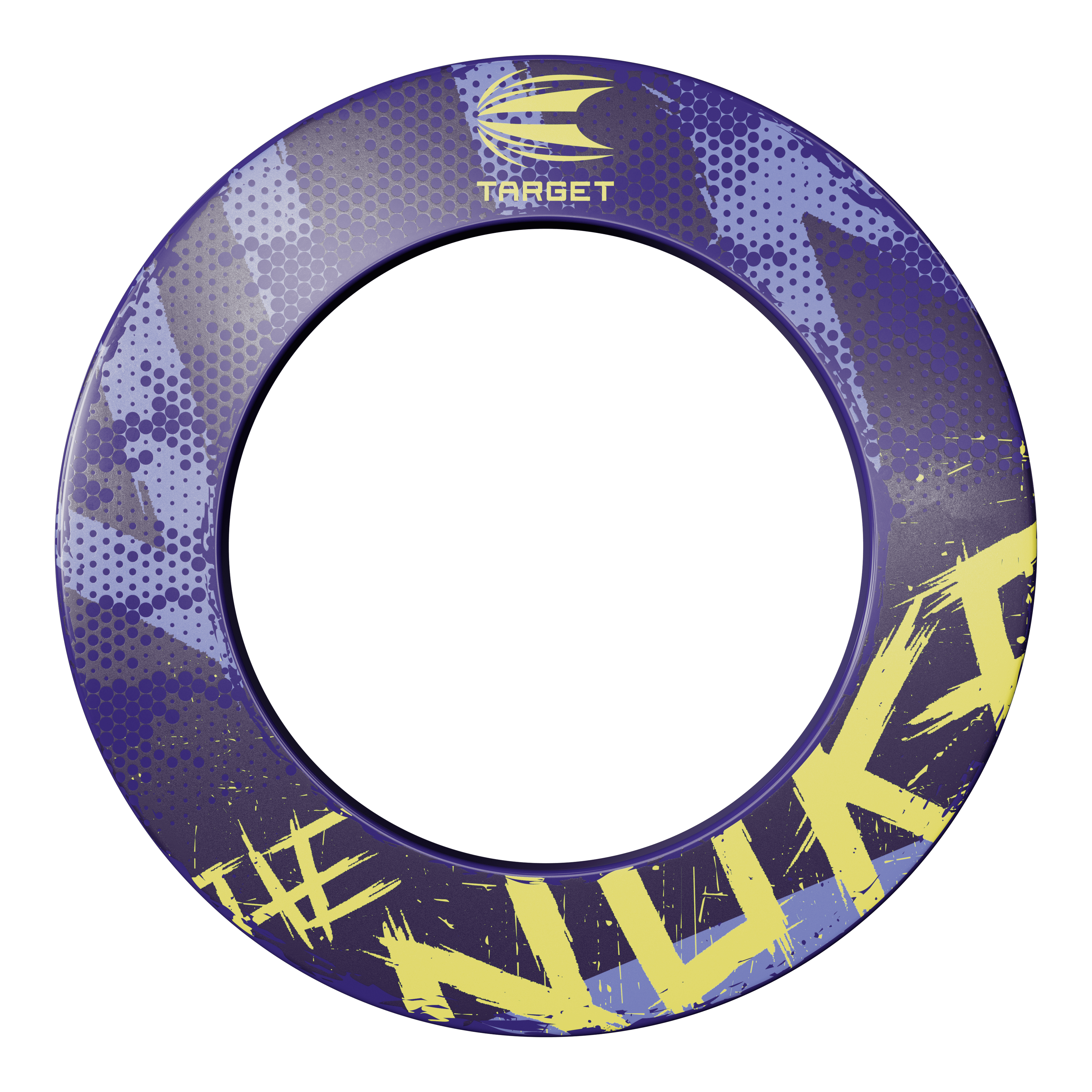 Target Luke Littler De Nuke Dartbord Surround Dieses Bild zeigt die Target Luke Littler The Nuke Dartboard Surround. Der Ring ist lila mit gelben und blauen Akzenten und trägt den Schriftzug "#NUKI" und das Target-Logo.