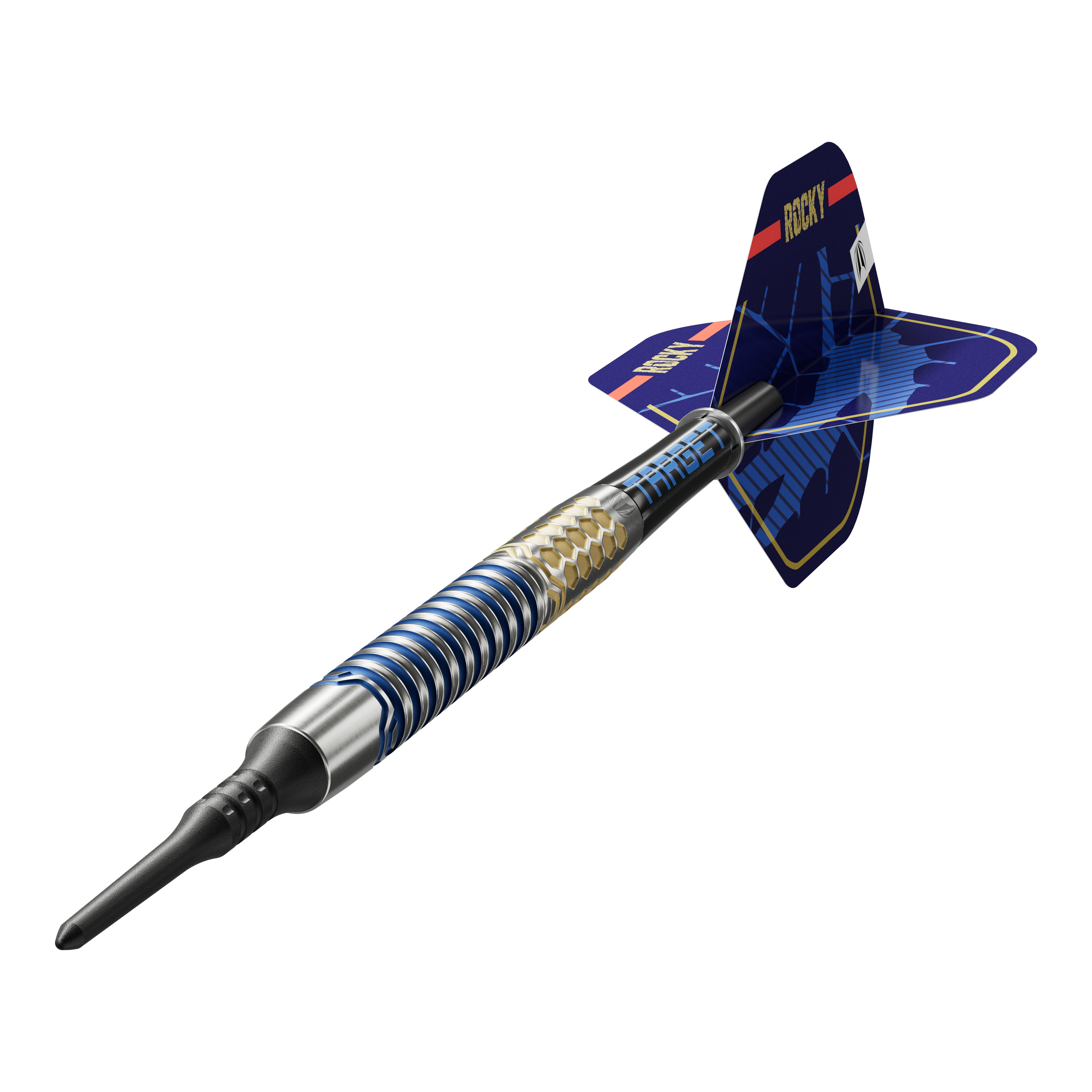 Target Josh Rock GEN1 Soft Darts - 20g Das Bild zeigt einen Target Josh Rock GEN1 Softdart mit einem Gewicht von 20g. Der Dart hat ein modernes, blau-silbernes Design mit auffälligen Flügeln.