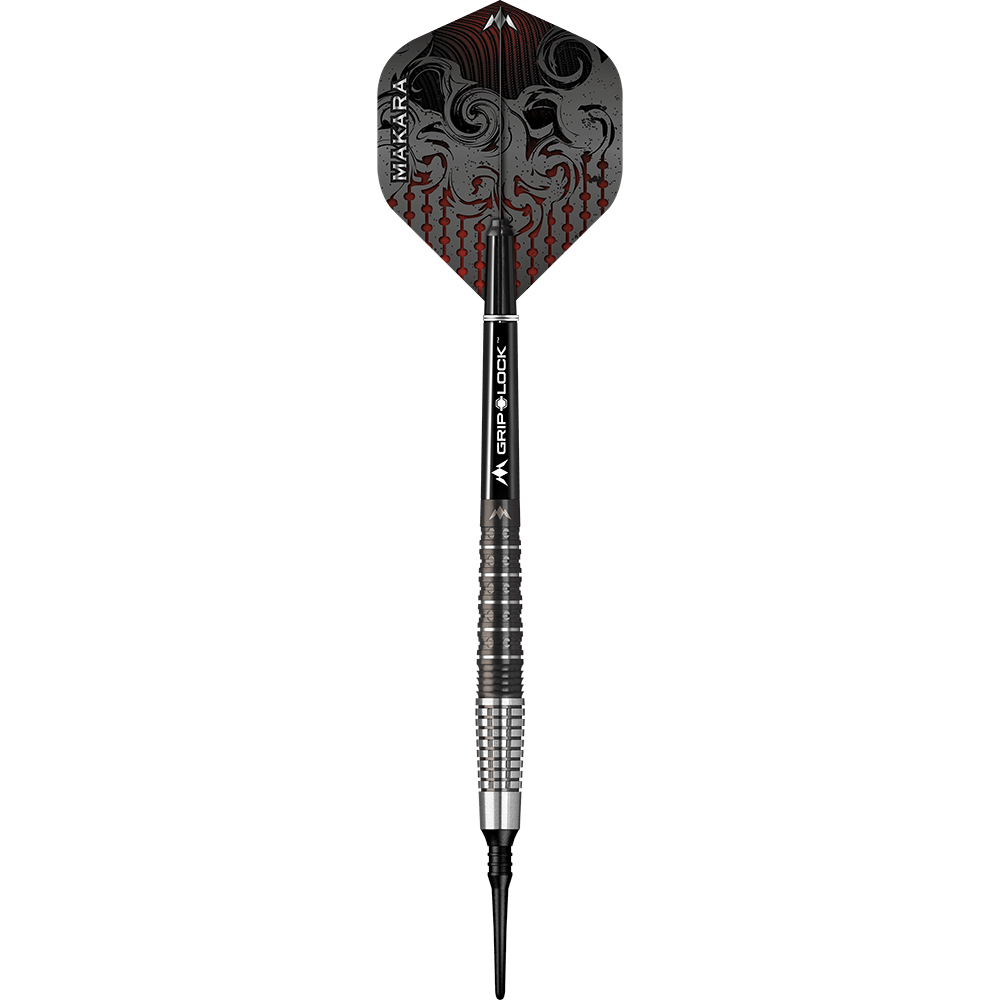 Mission Makara M2 zachte darts - 20g Das Bild zeigt einen Mission Makara M2 Softdart mit einem Gewicht von 20g. Der Dart hat ein auffälliges Flight-Design in Schwarz und Rot sowie eine geriffelte silber-schwarze Griffzone.