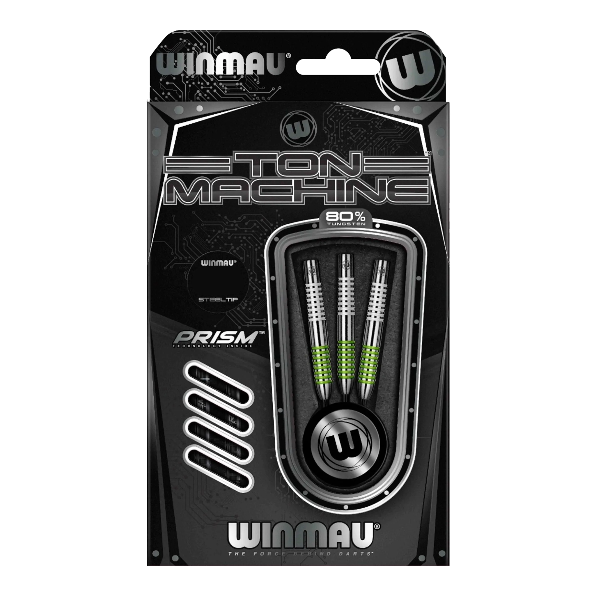 Winmau Ton Machine stalen dartpijlen Die Abbildung zeigt die Winmau Ton Machine Steeldarts. Es handelt sich um hochwertige Dartpfeile für Steeldartspiele.