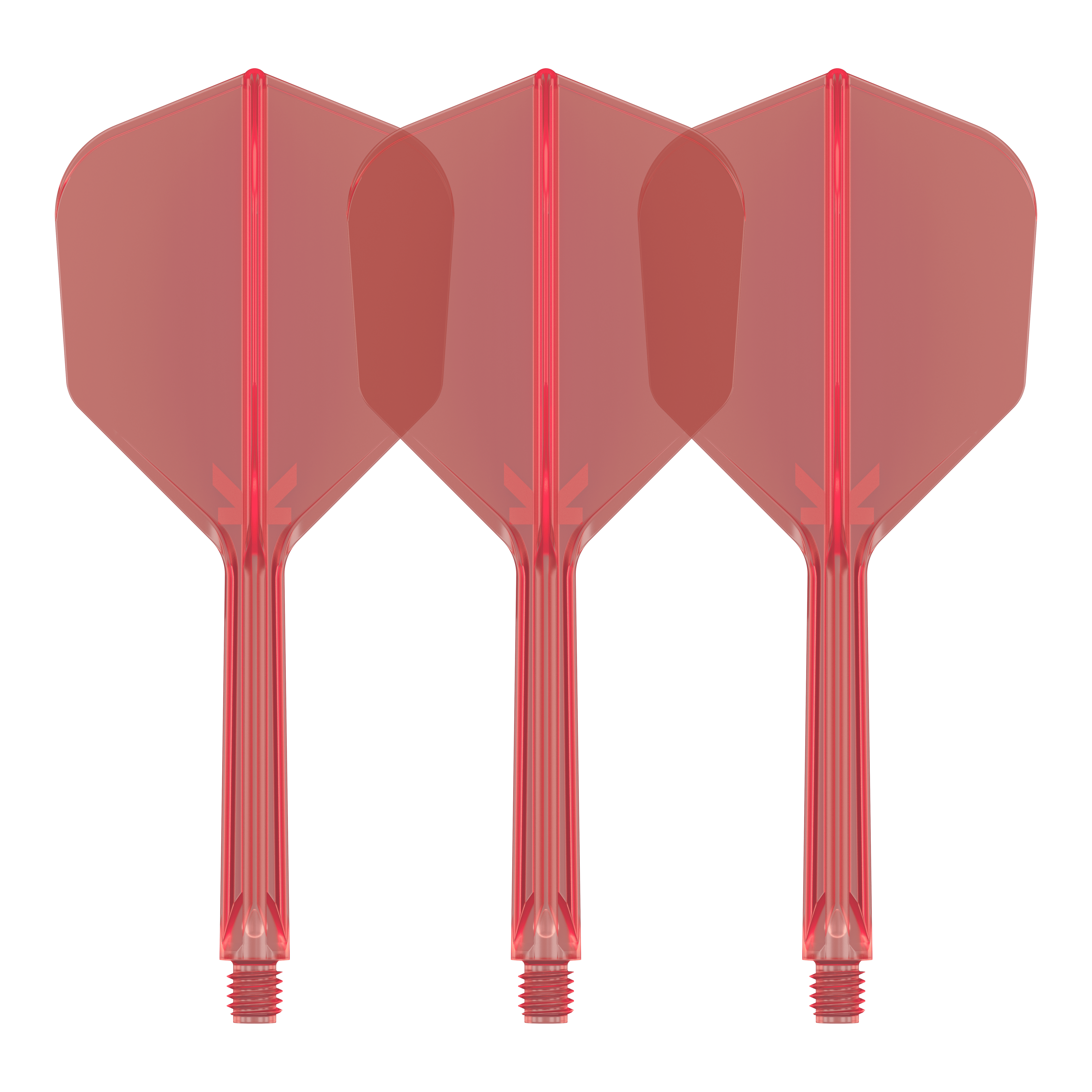 Target K-Flex No6 Vluchtsysteem - Rood Auf dem Bild sind drei rote Dart-Flights mit integrierten Schäften zu sehen. Sie stehen nebeneinander und sind identisch gestaltet.