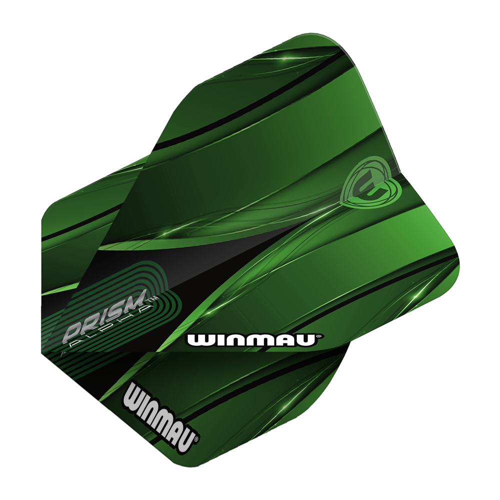 Winmau Alpha Sniper Green Standaardvluchten Das Bild zeigt das Produkt "Winmau Alpha Sniper Green Standard Flights". Die Dart-Flights sind grün mit schwarzen und weißen Akzenten gestaltet und tragen den Schriftzug "WINMAU".
