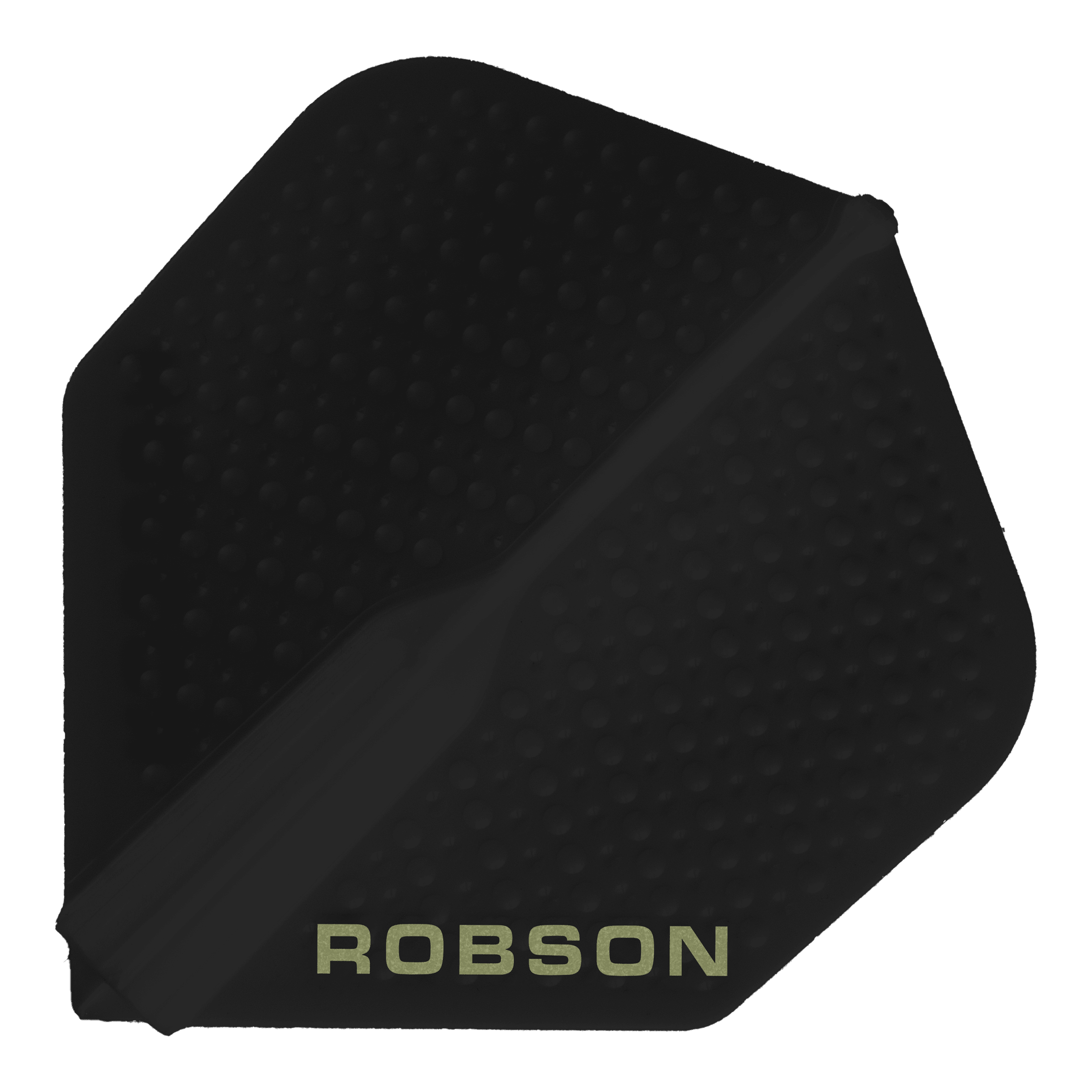Robson Plus Dimple Flights - Zwart Dieses Bild zeigt ein schwarzes Dart-Flight mit dem Namen "Robson Plus Dimple Flights - Schwarz". Auf dem Flight steht am unteren Rand das Wort "ROBSON" in hellen Buchstaben.