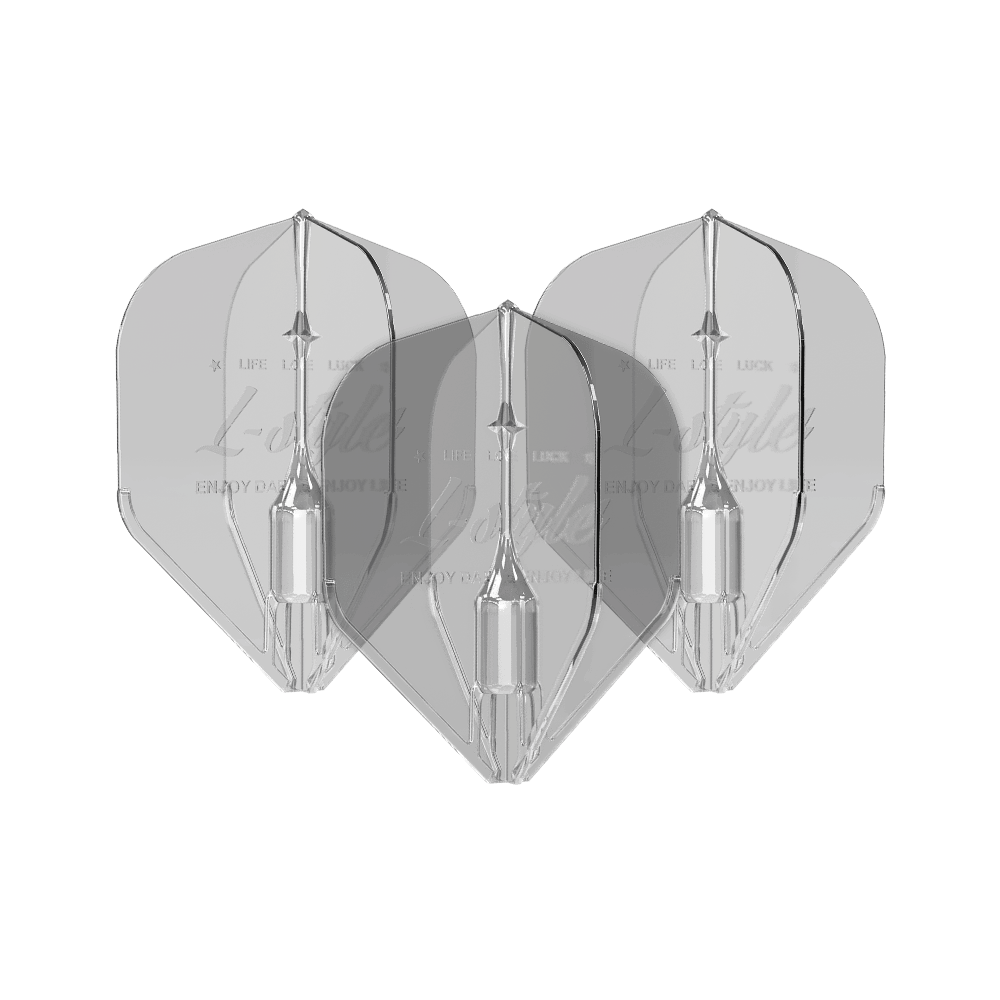 L-Style Fantom L1EZ vluchten transparant Das Bild zeigt drei transparente Dartflights des Modells "L-Style Fantom L1EZ Flights Clear". Die Flights sind klar und haben eine klassische Pfeilform.