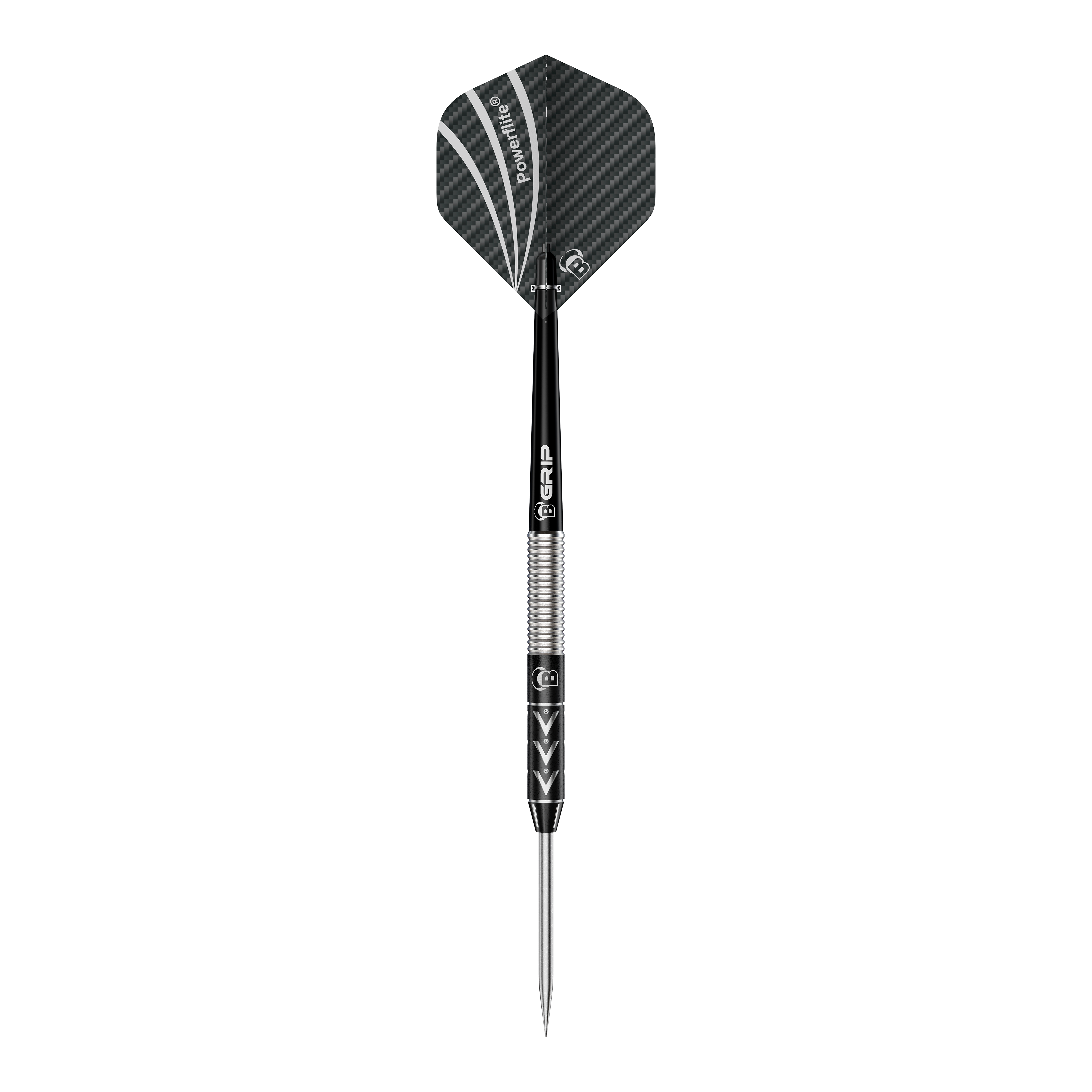 Bulls Challenger Arno Merk stalen dartpijlen - 22 g Das Bild zeigt einen Steeldart namens "Bulls Challenger Arno Merk Steeldarts - 22g". Der Dartpfeil ist schwarz-silber und hat ein modernes Design mit strukturiertem Schaft und schwarzer Flight.