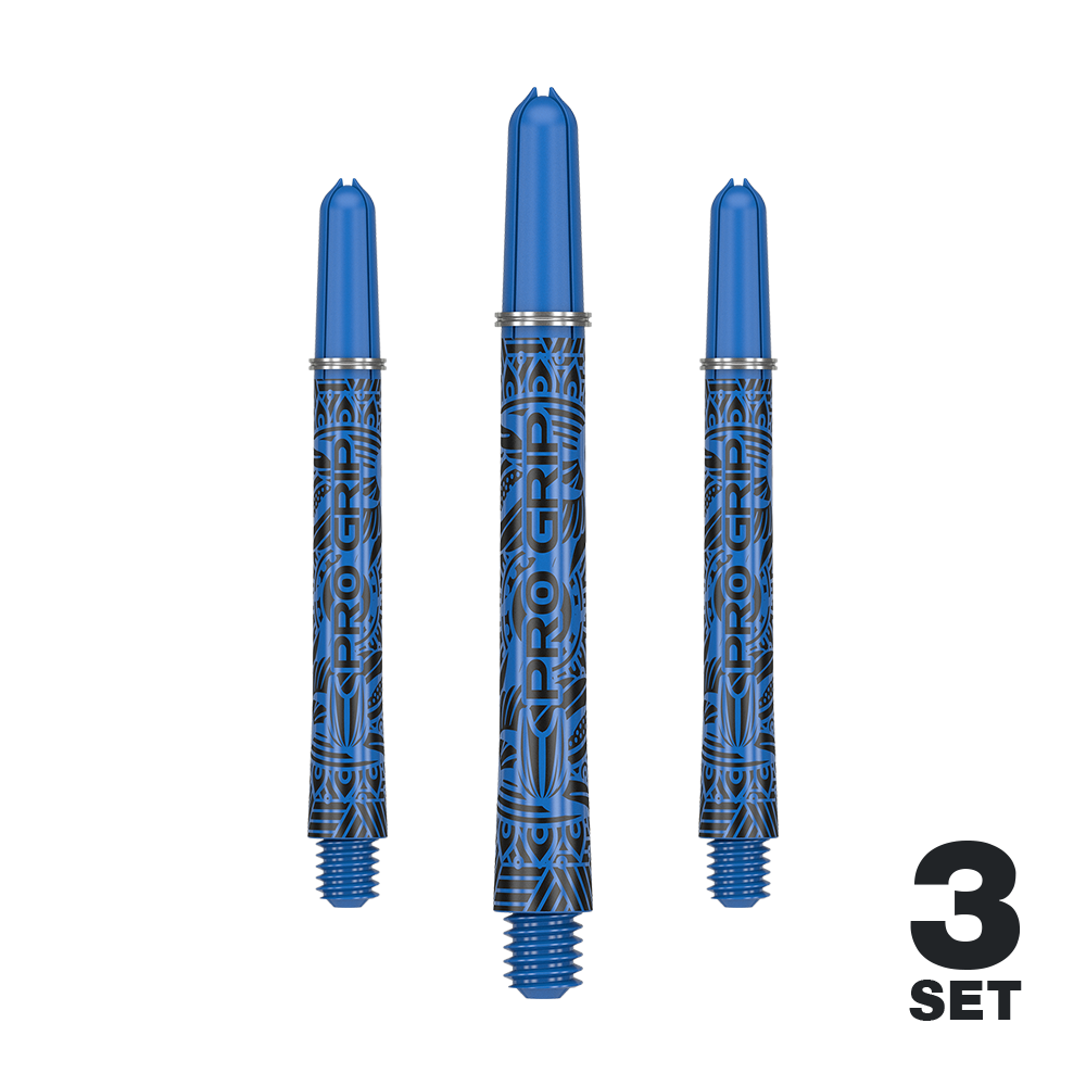 Das Bild zeigt drei blaue Dartschäfte mit schwarzem Muster und der Aufschrift "PRO GRIP". In der rechten unteren Ecke steht "3 SET".