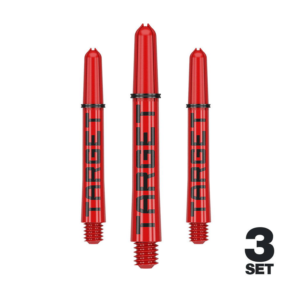 Target Pro Grip TAG Shafts - 3 sets - Rood Das Bild zeigt drei rote Dartschäfte mit der Aufschrift "TARGET". Unten rechts steht "3 SET", was auf ein Set mit drei Stück hinweist.