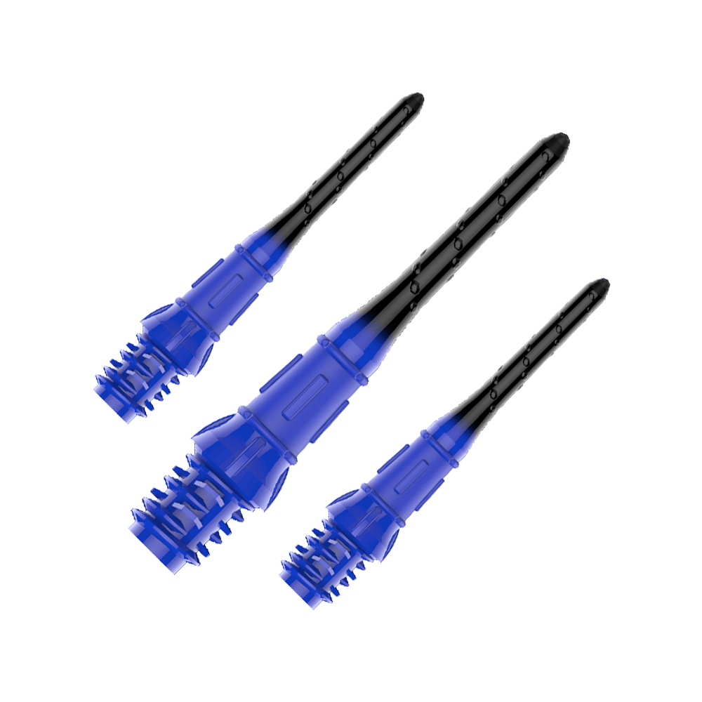 L-Style Premium Lippoint Gradiation Dart Tips (verpakking van 30) Das Bild zeigt drei schwarze und blaue Dartspitzen aus Kunststoff. Sie sind nebeneinander auf einem transparenten Hintergrund angeordnet.