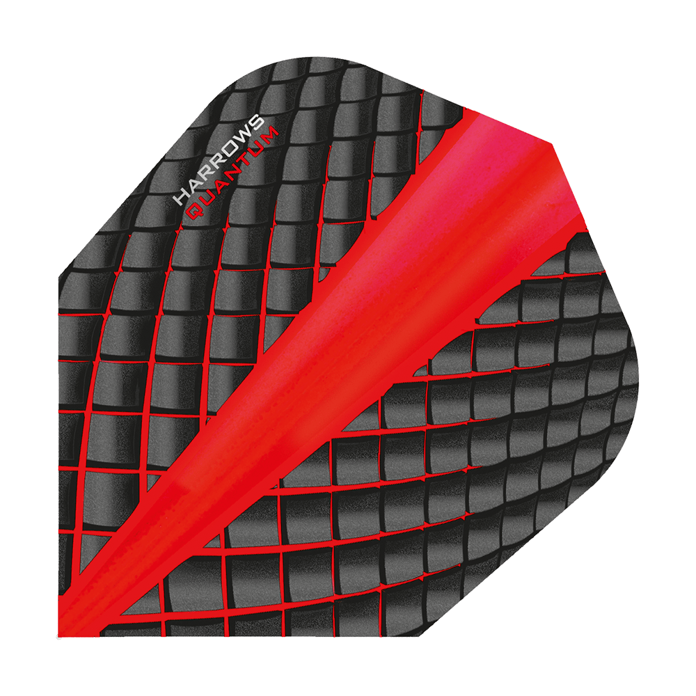 HR6804_Harrows_Quantum_Rot_No6_Flights_1 Das Bild zeigt ein Harrows Quantum Rot No6 Dartflight. Das Flight hat ein schwarzes, rautenförmiges Muster mit roten Akzenten und einer roten Diagonale.