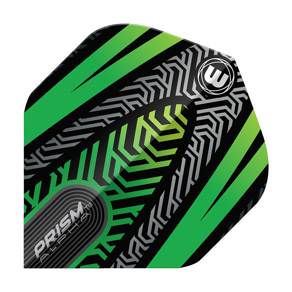 Winmau Prism Alpha Zwart Groen Nr. 2 Standaardvluchten Das Bild zeigt ein Winmau Prism Alpha Schwarz Grün No2 Standard Flight. Das Design ist schwarz mit grünen und silbernen Mustern sowie dem Winmau-Logo.