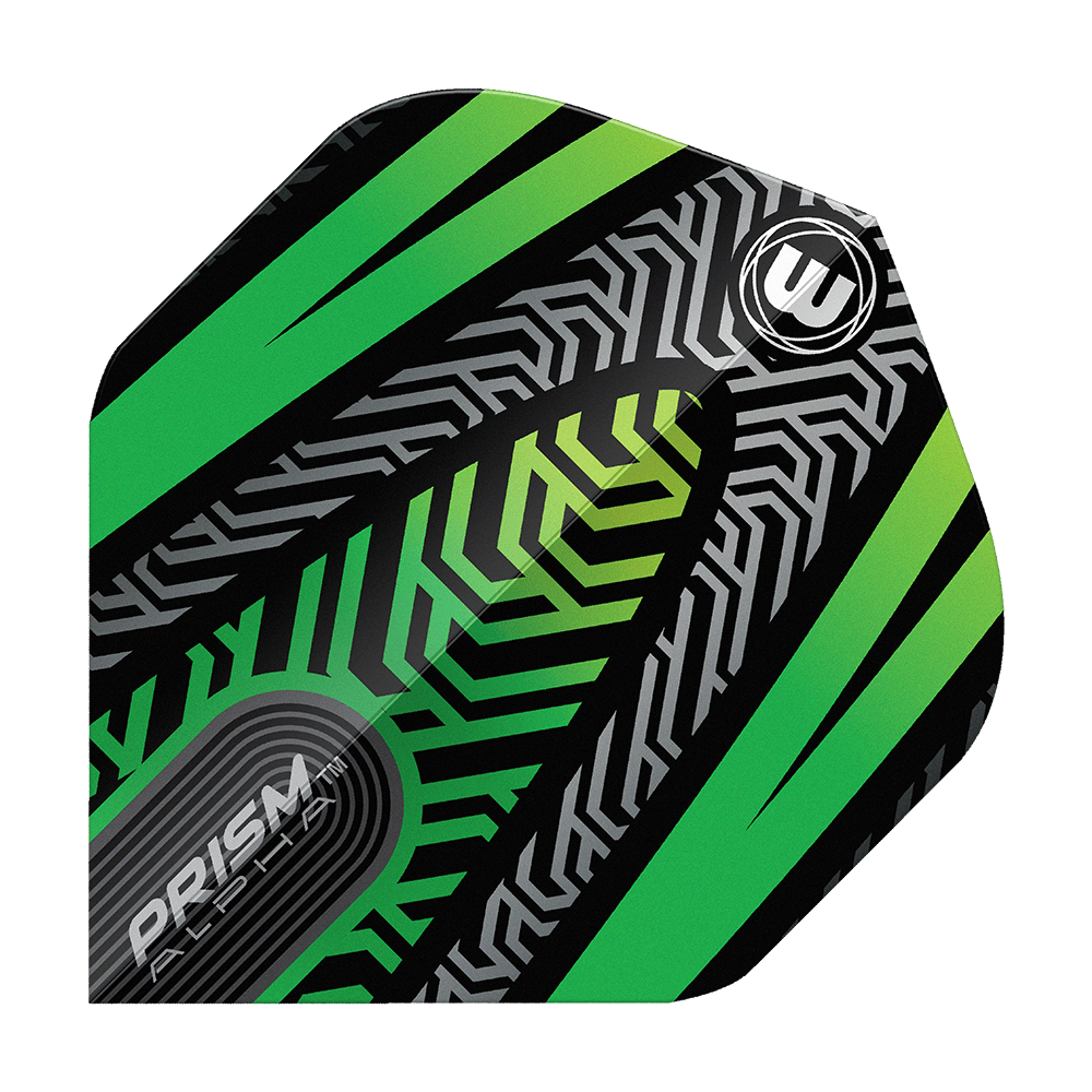 Winmau Prism Alpha Zwart Groen Nr. 2 Standaardvluchten Ein einzelner Winmau Prism Alpha Schwarz No2 Standard Flight wird präsentiert. Konturen und Details sind klar zu erkennen.