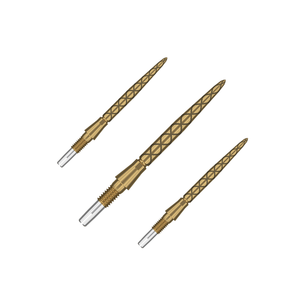 Target Swiss Storm Diamond Point Dartpunten - Goud Das Bild zeigt drei goldene Dartspitzen mit einem Rautenmuster. Die Spitzen haben einen silbernen, metallischen Bereich zum Einschrauben.