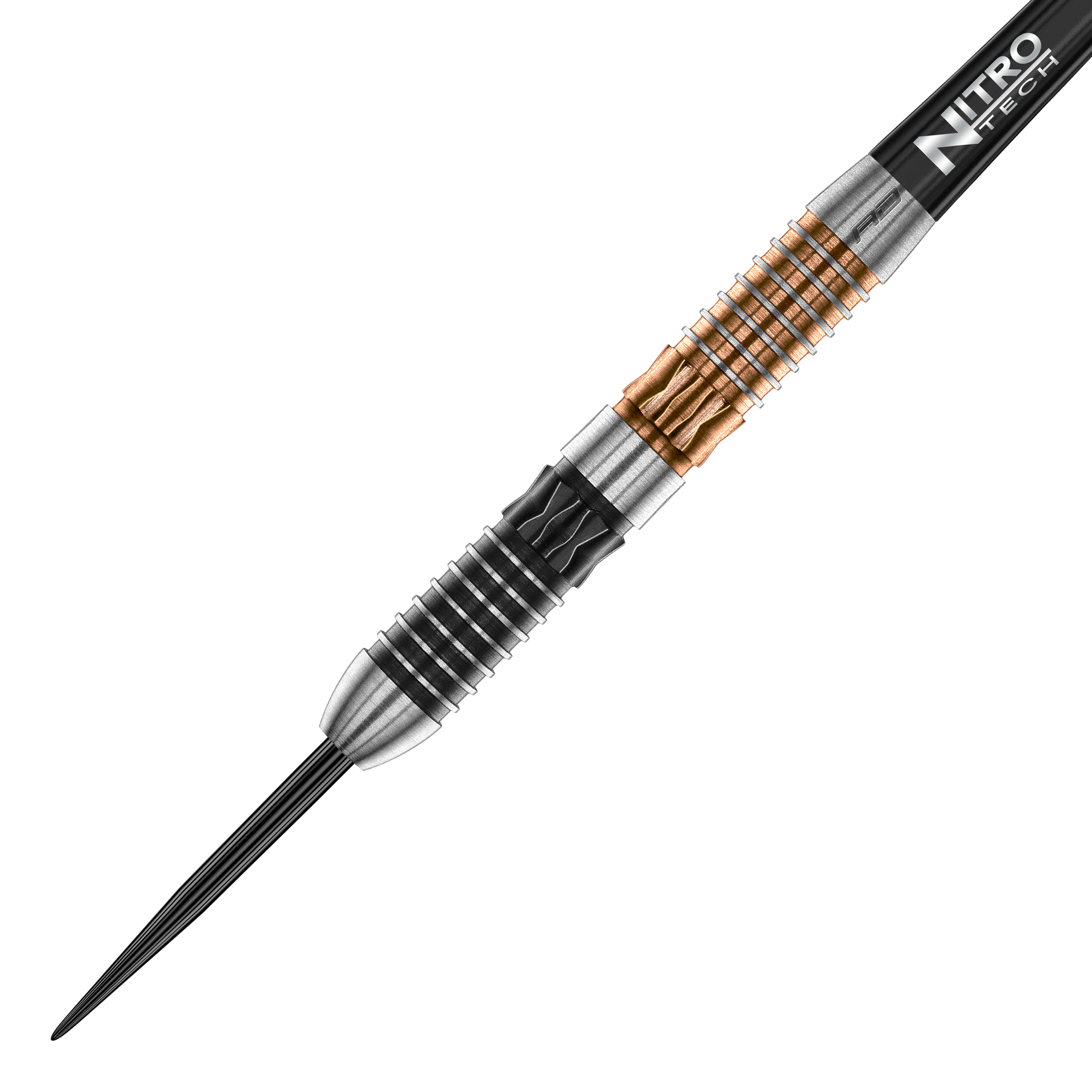 Red Dragon Panterra stalen darts Das Bild zeigt einen Red Dragon Panterra Steeldart. Der Dartpfeil hat ein auffälliges Design mit silbernen, schwarzen und goldenen Rillen am Barrel.