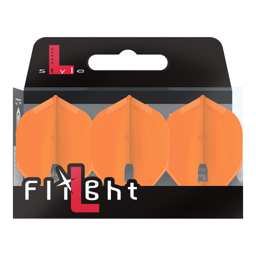 L-Style Champagne L1PRO Flights Auf dem Bild ist eine Packung mit drei orangefarbenen Dart-Flights zu sehen. Die Verpackung trägt die Aufschrift „L-Style Flight“.