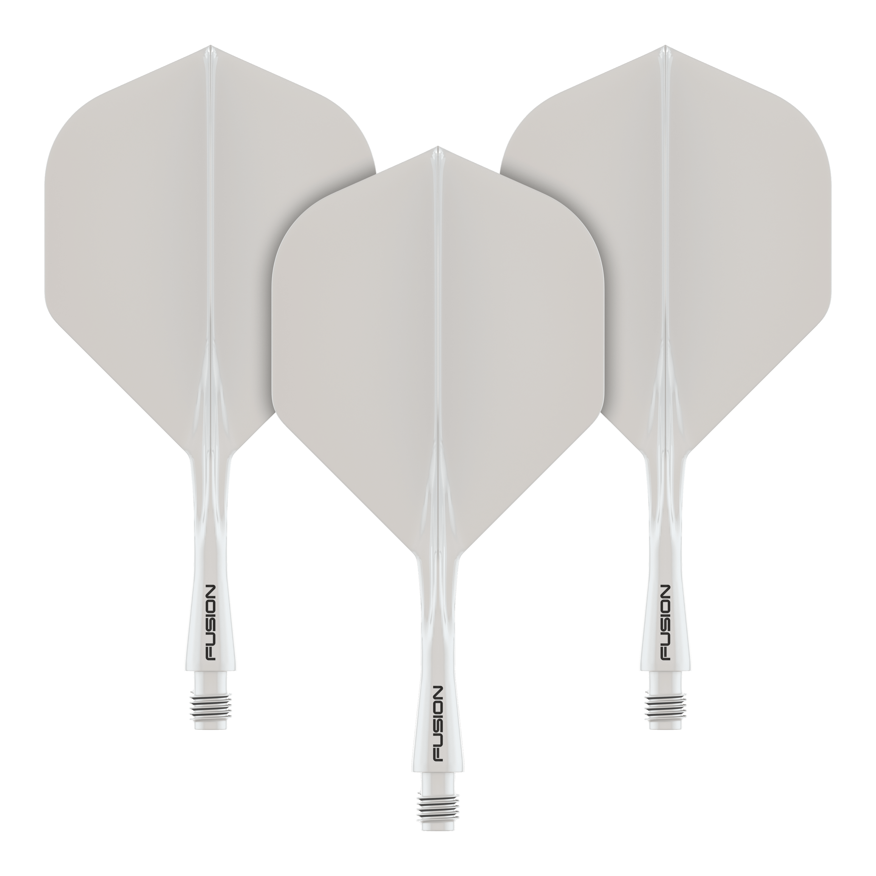 Winmau Fusion Flight Shaft System Standaard Wit Das Bild zeigt drei weiße Dartflights mit integrierten Schäften. Auf den Schäften steht das Wort „FUSION“.