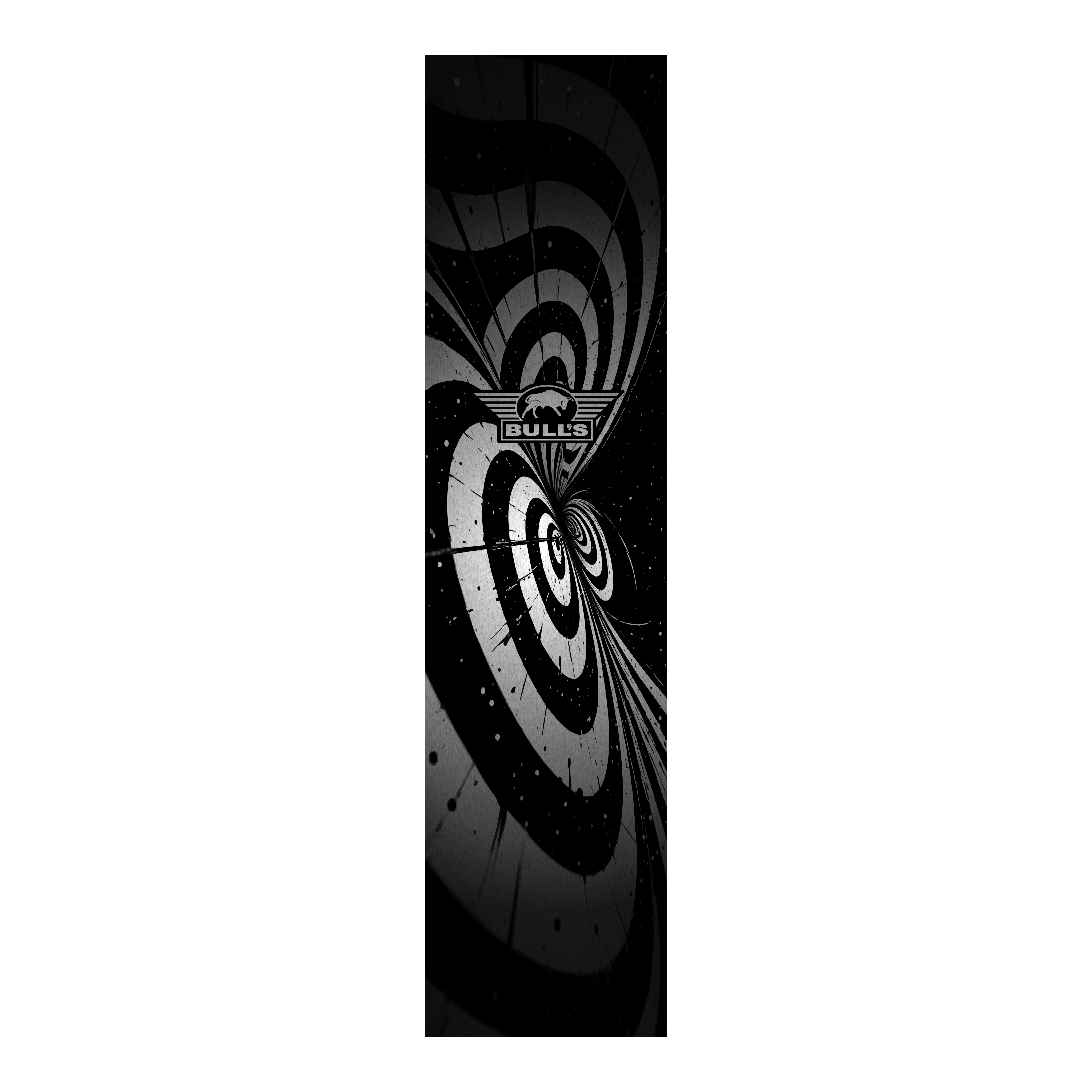 Bulls NL Illusion Black White Dartteppich Das Bild zeigt einen schwarz-weißen Dartteppich mit einem auffälligen Illusionsmuster. In der Mitte befindet sich das Logo von BULL'S.
