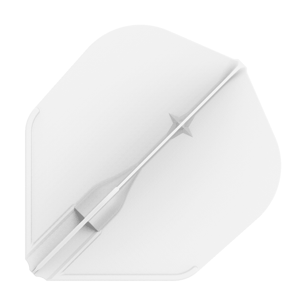 L-L-Style3EZ-vluchten Das Bild zeigt ein weißes Dartflight in einer einfachen, geometrischen Form. In der Mitte verläuft ein feiner, strukturierter Streifen mit einem kleinen Sternmotiv.