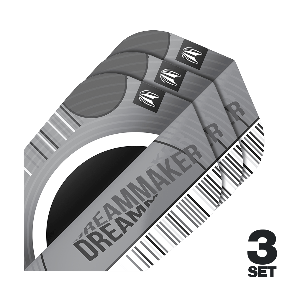 Target Pro Ultra Dimitri Van Den Bergh X Echo No6-vluchten - 3 sets Das Bild zeigt drei Sätze Target Pro Ultra Dimitri Van Den Bergh X Echo No6 Flights. Die Flights sind silber-grau gestaltet und tragen den Schriftzug "DREAMMAKER".