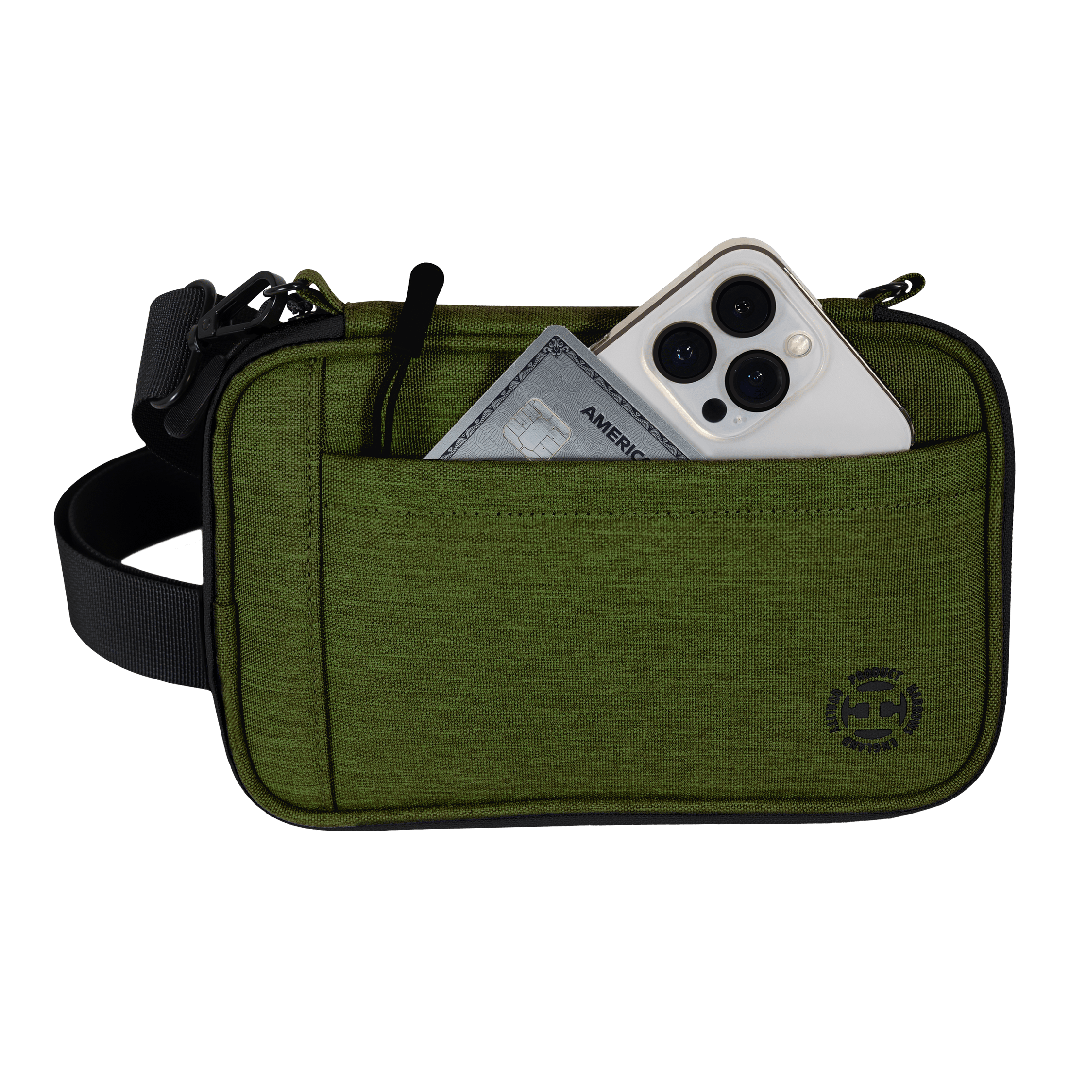 Harrows Smart Case XL dart portemonnee Die Abbildung zeigt eine grüne Tasche mit einem Schultergurt. In der Fronttasche stecken ein Smartphone und eine Kreditkarte.
