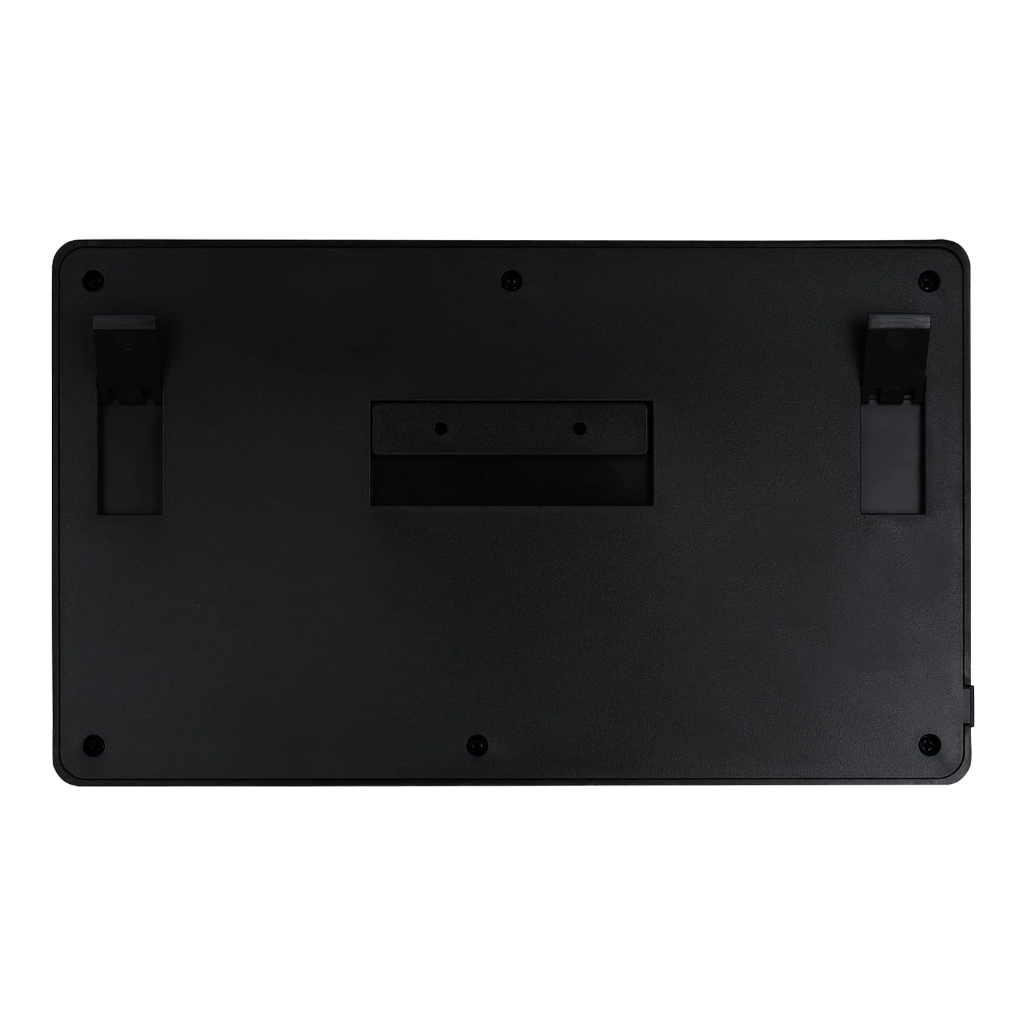 XQMax Dublin Dartteller Das Bild zeigt die Rückseite des XQMax Dublin Dart Counter. Die Oberfläche ist schwarz mit zwei ausklappbaren Ständern und mehreren Befestigungspunkten.