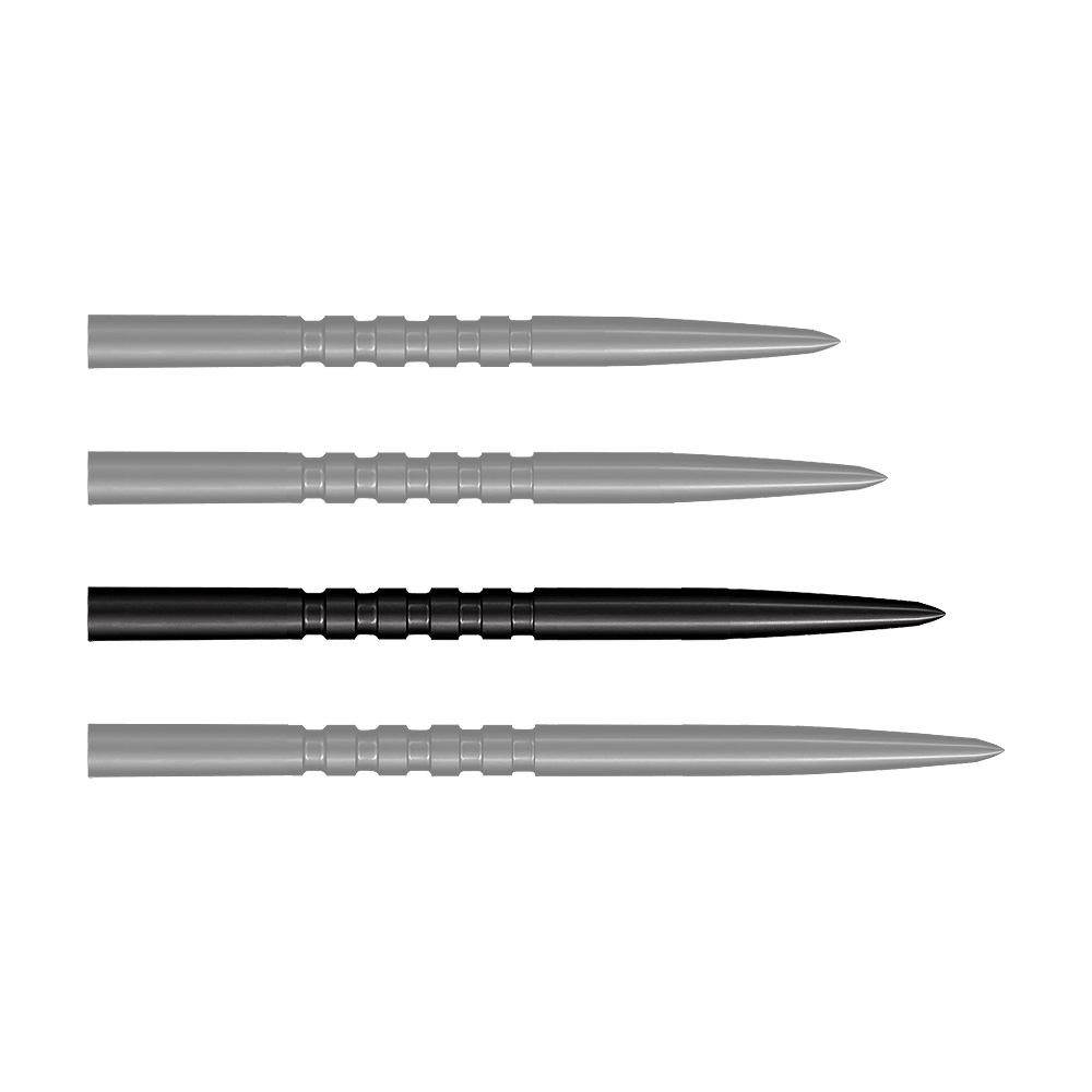 Shot Grip Point stalen dartpunten - Zwart Das Bild zeigt vier schwarze Stahlspitzen für Steeldarts, die nebeneinander liegen. Jede Spitze ist 38 mm lang und hat gerillte Griffzonen.
