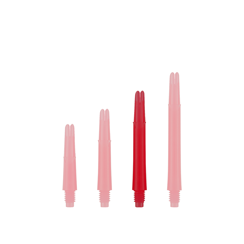 L-L-Style-Shafts Locked Straight - Rood Auf dem Bild sind vier rote Dartschäfte in unterschiedlichen Längen zu sehen. Sie stehen nebeneinander aufrecht auf weißem Hintergrund.