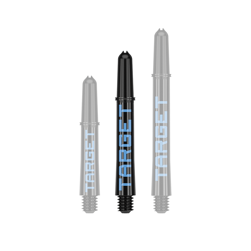 Target Pro Grip TAG Shafts - 3 sets - Zwartblauw Das Bild zeigt drei schwarze Dartschäfte in unterschiedlicher Länge mit blauer Aufschrift "TARGET". Sie sind in einer Reihe nebeneinander angeordnet.