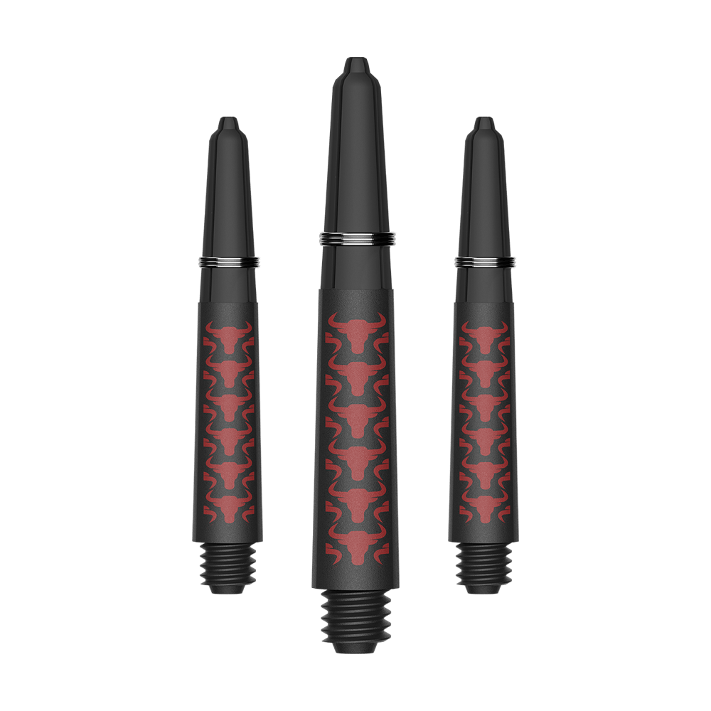 Bulls NL Capo Carbon shafts - Rood Das Bild zeigt ein Set aus roten Capo Carbon Shafts mit einer kurzen Länge von 34mm. Es handelt sich um Zubehör für Dartpfeile.