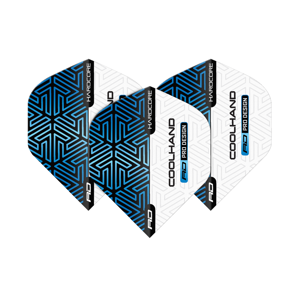 Red Dragon Hardcore Luke Humphries Blue White Premium Standaard Vluchten Das Bild zeigt vier Dart-Flights in Blau und Weiß mit geometrischem Muster. Auf den Flights stehen die Wörter "HARDCORE", "COOLHAND" und "RD PRO DESIGN".