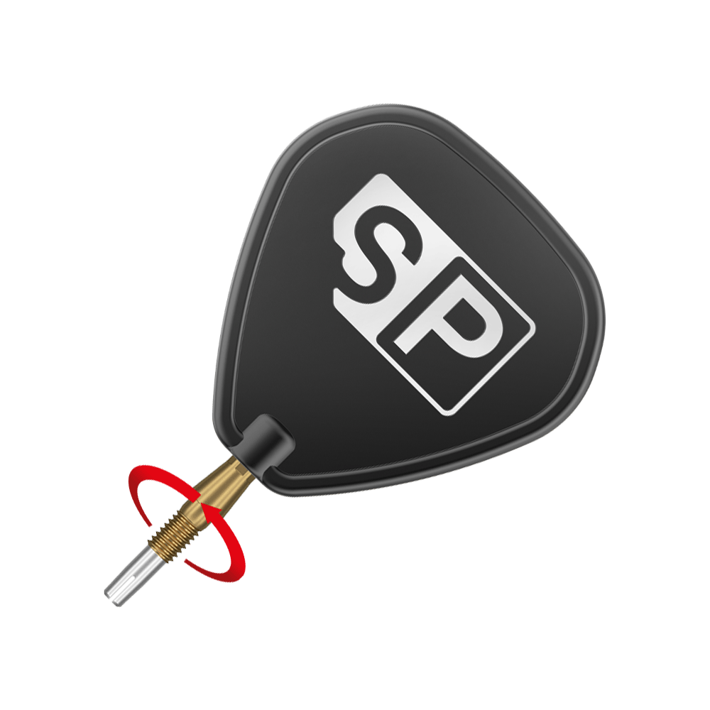 Target Swiss Storm Diamond Point Dartpunten - Goud Das Bild zeigt eine schwarze Dartflügel mit der Aufschrift "SP" in weiß. Daran ist eine goldene Dartspitze befestigt.