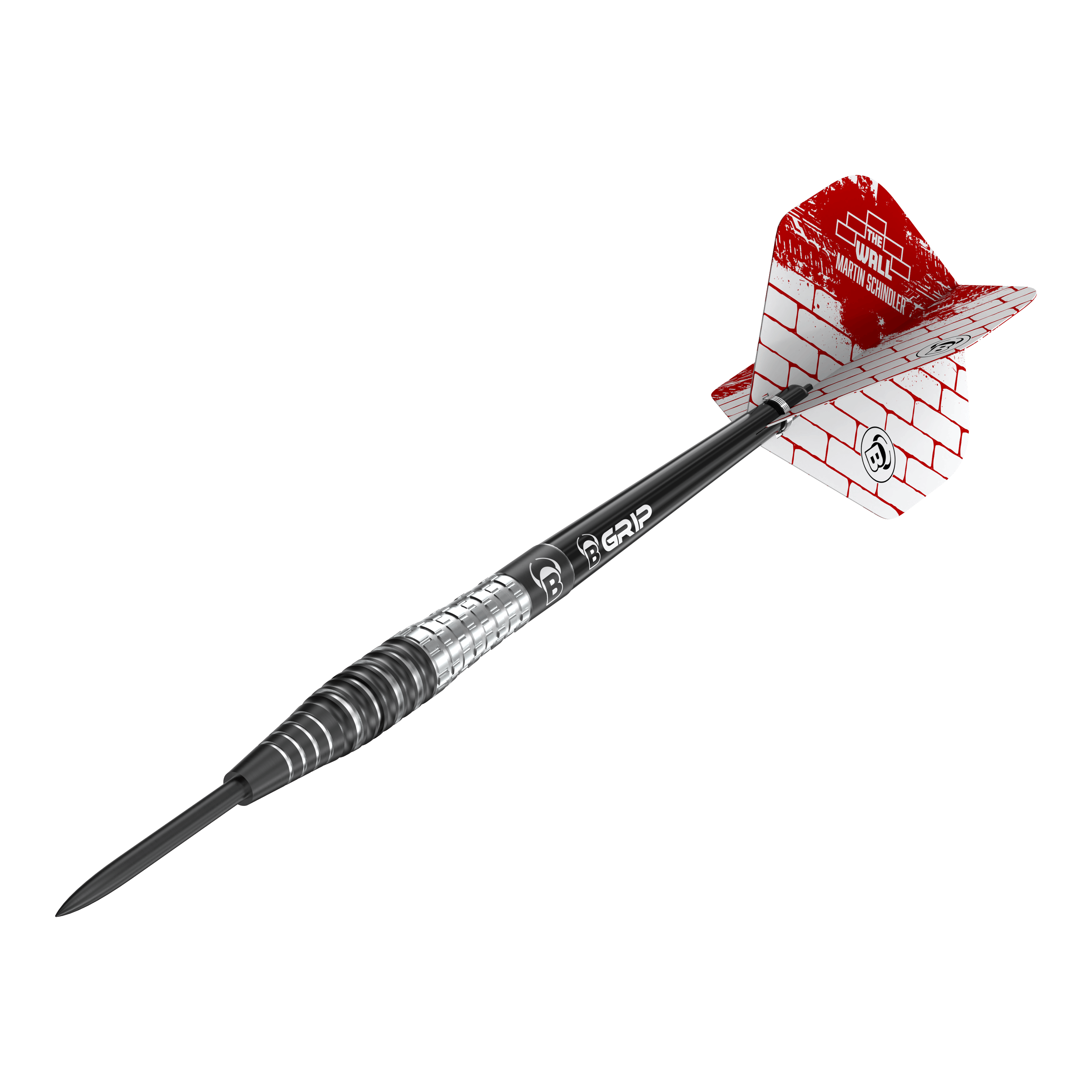 Bulls Martin Schindler Original Generation 3 steel darts Das Bild zeigt einen Steeldartpfeil der Marke "Bulls Martin Schindler Original Generation 3". Der Dartpfeil hat eine schwarz-silberne Spitze und Flight mit rotem Mauer-Design.