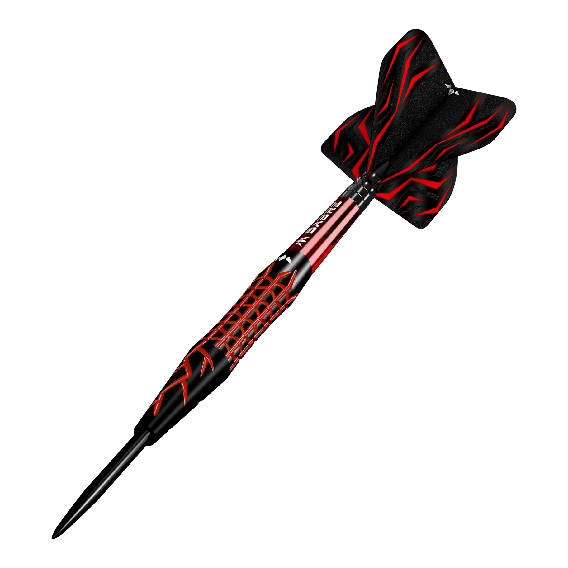 Missie Lava Steeldarts Das Bild zeigt einen Mission Lava Steeldart mit schwarzem und rotem Design. Der Dartpfeil hat eine spitze Metallspitze und auffällige Flügel mit roten Mustern.