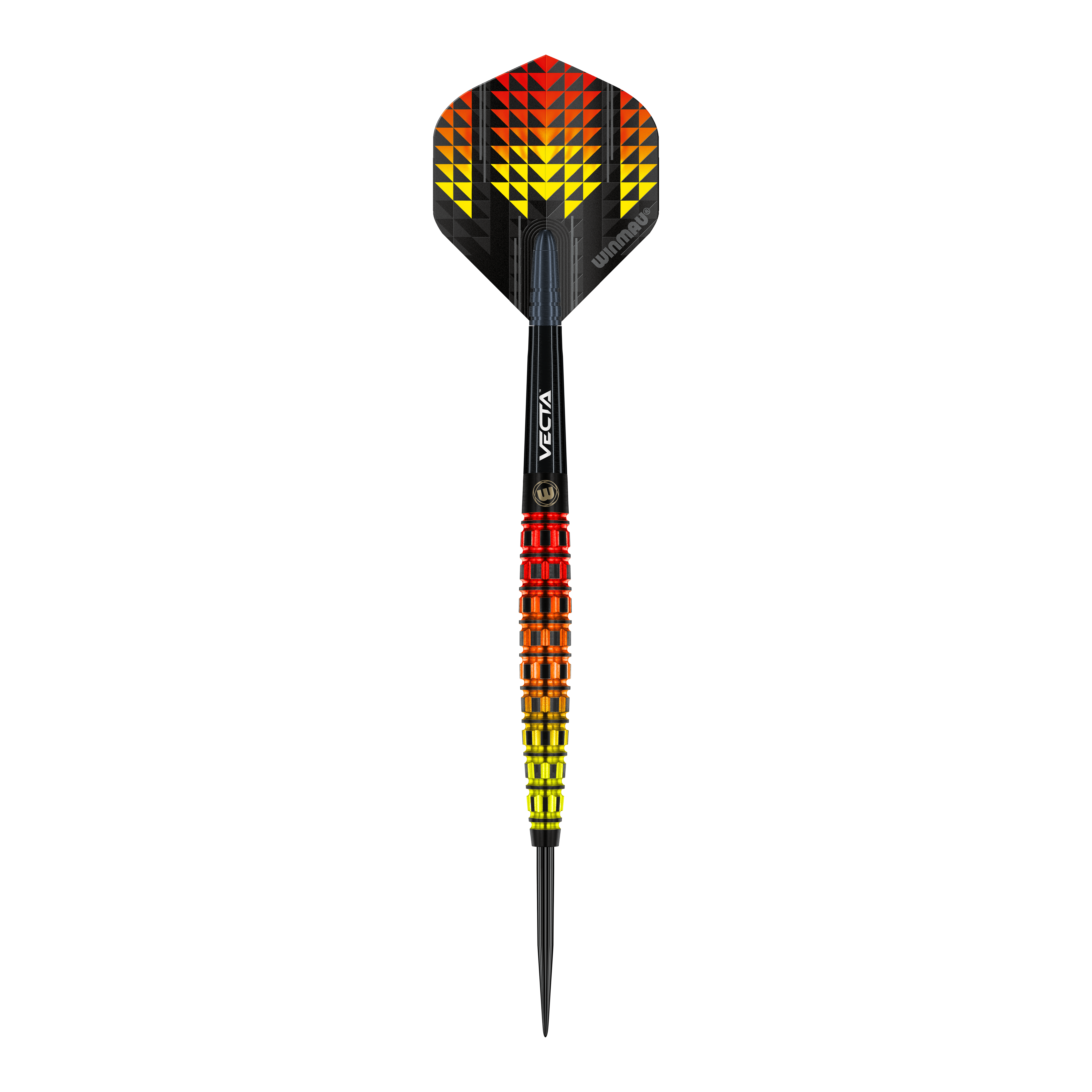 Winmau Firestorm Flame Tapered Steeldarts Der Winmau Firestorm Flame Tapered Steeldart hat ein auffälliges Design mit gelben, orangefarbenen und roten Farbverläufen. Die Flights zeigen ein geometrisches Muster in denselben Farben und geben dem Dart ein flammendes Aussehen.