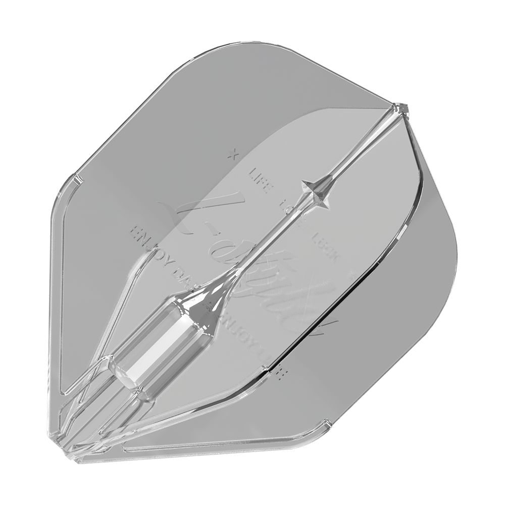 L-Style Fantom L1EZ vluchten transparant Das Bild zeigt ein transparentes Dartflight des Modells "L-Style Fantom L1EZ Flights Clear". Das Flight hat eine klare, glänzende Oberfläche und eine spezielle Form für Stabilität beim Werfen.